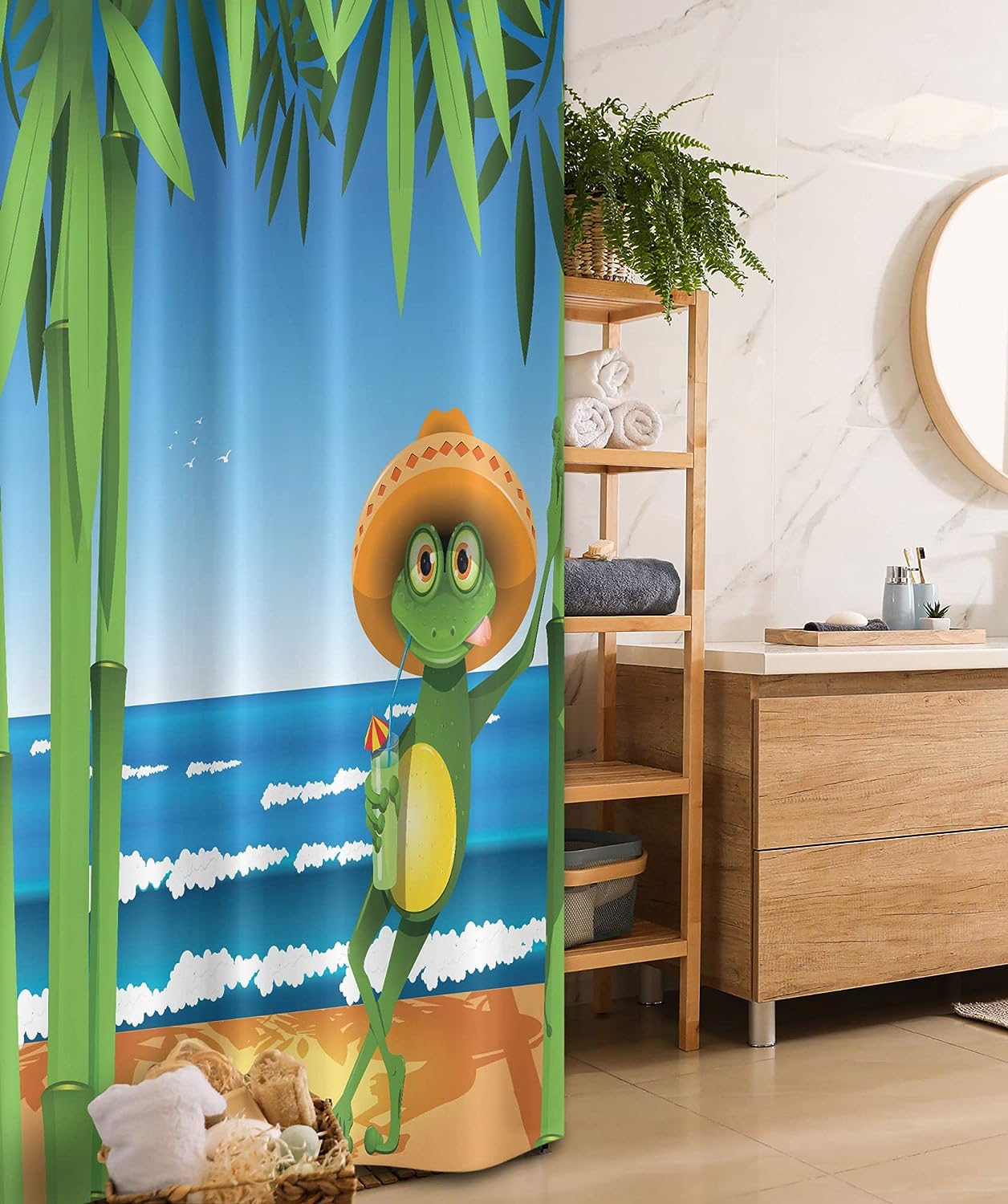 Frog On Sandy Beach Shower Curtain, Tropical Print Fabric Bathroom Decor In Cream Green