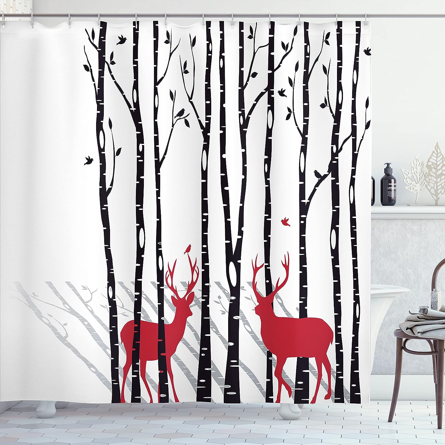 Deer Tree Forest Shower Curtain, Red Holiday Theme Cloth Bathroom Decor In White Red