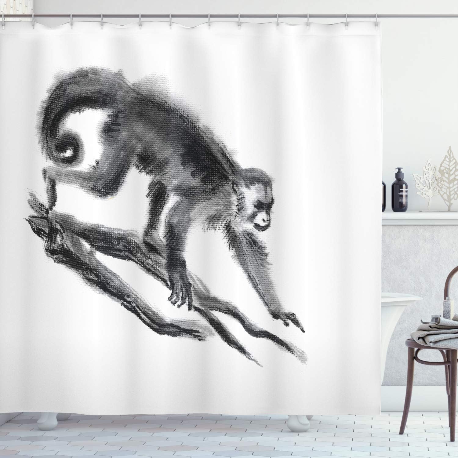 Sketchy Monkey Shower Curtain, Exotic Creature In Jungle Hand Drawn Illustration- Bathroom Decor