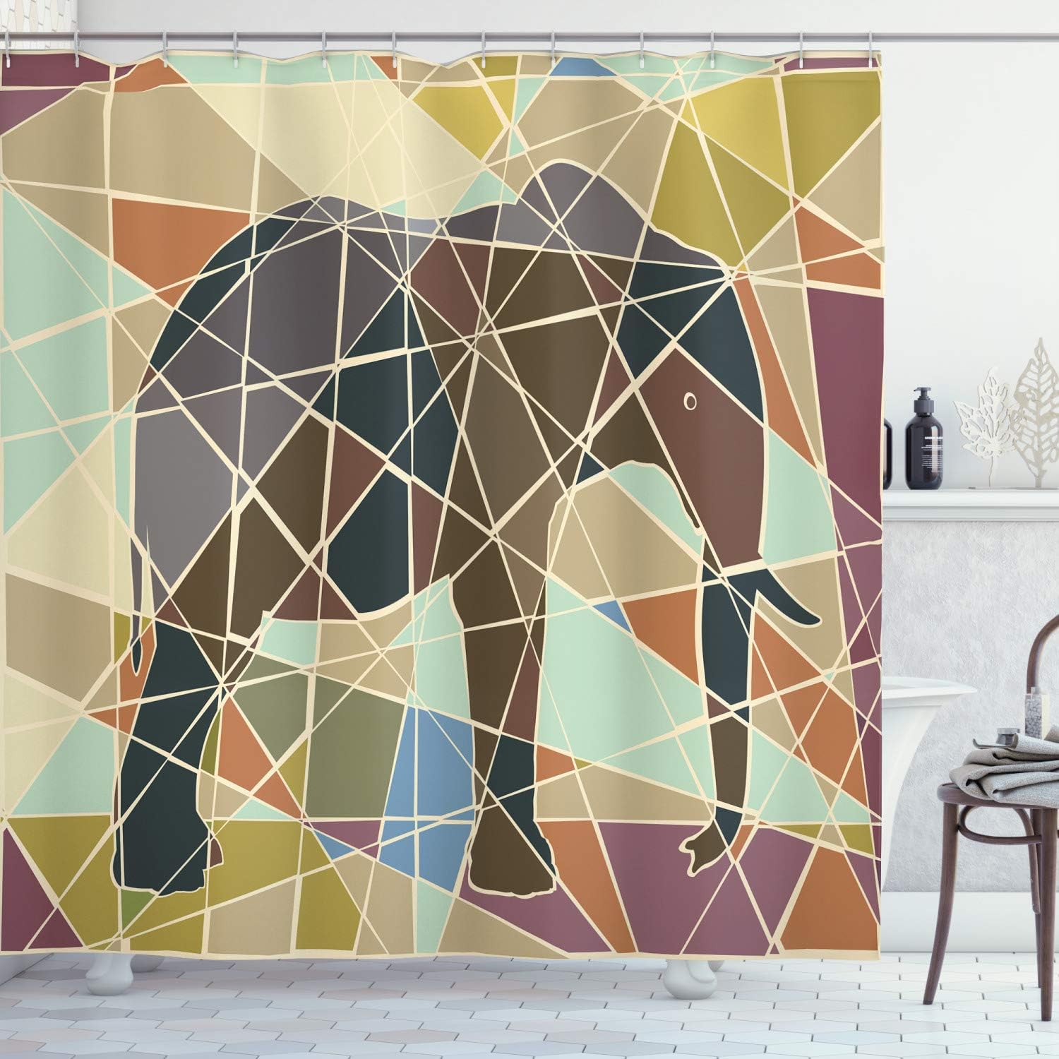 Soft Colored Animal Mosaic Shower Curtain, Wildlife Nature Savannah Theme Print Art- Bathroom Curtain