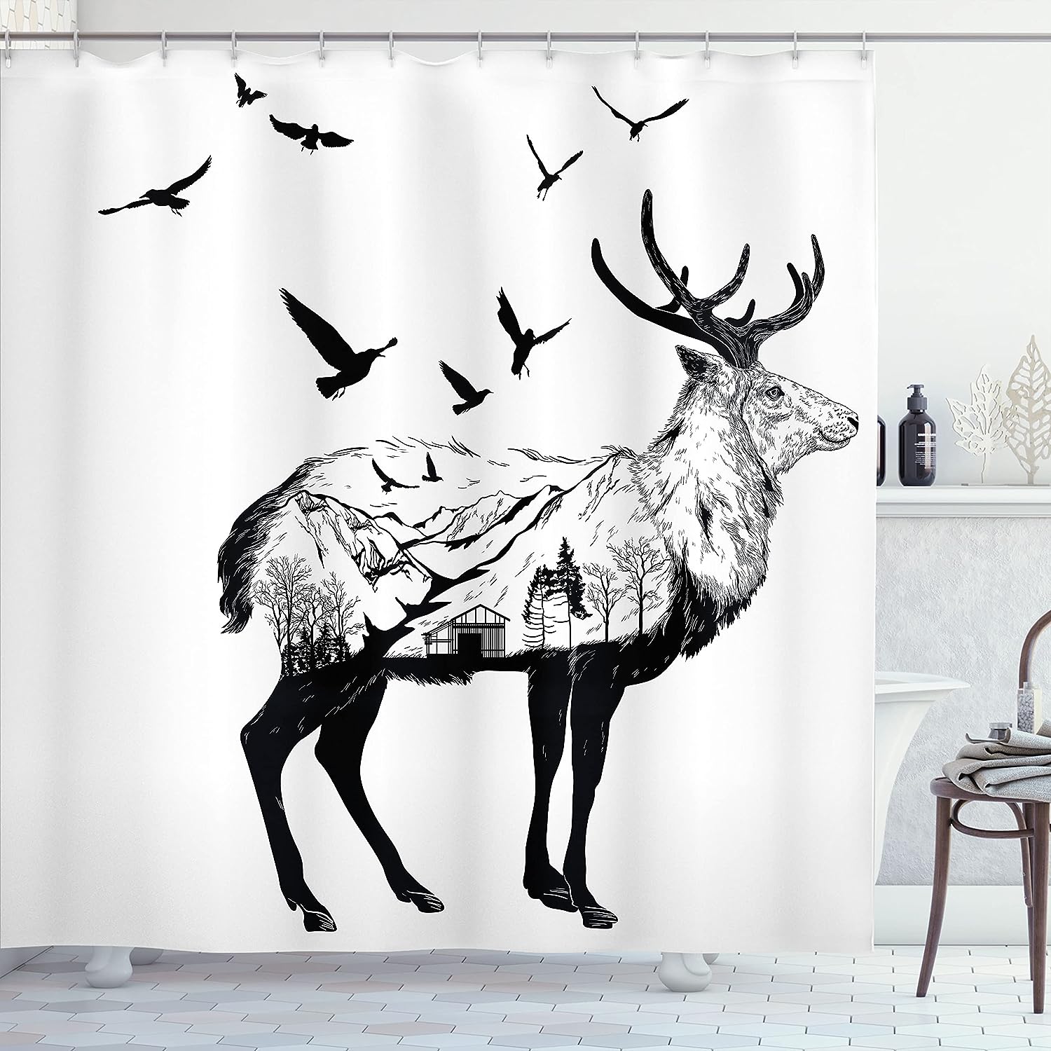 Mountain Bird Shower Curtain, Hand Drawn Countryside Wildlife Themed Print With Cottage Scene- Home Decor