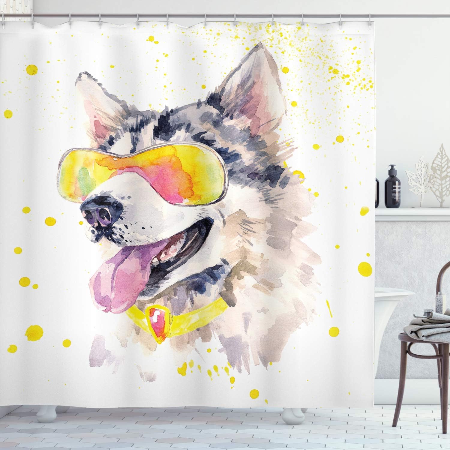 Husky Dog Shower Curtain, Watercolor Cool Puppy Picture With Sunglasses- Bathroom Decor