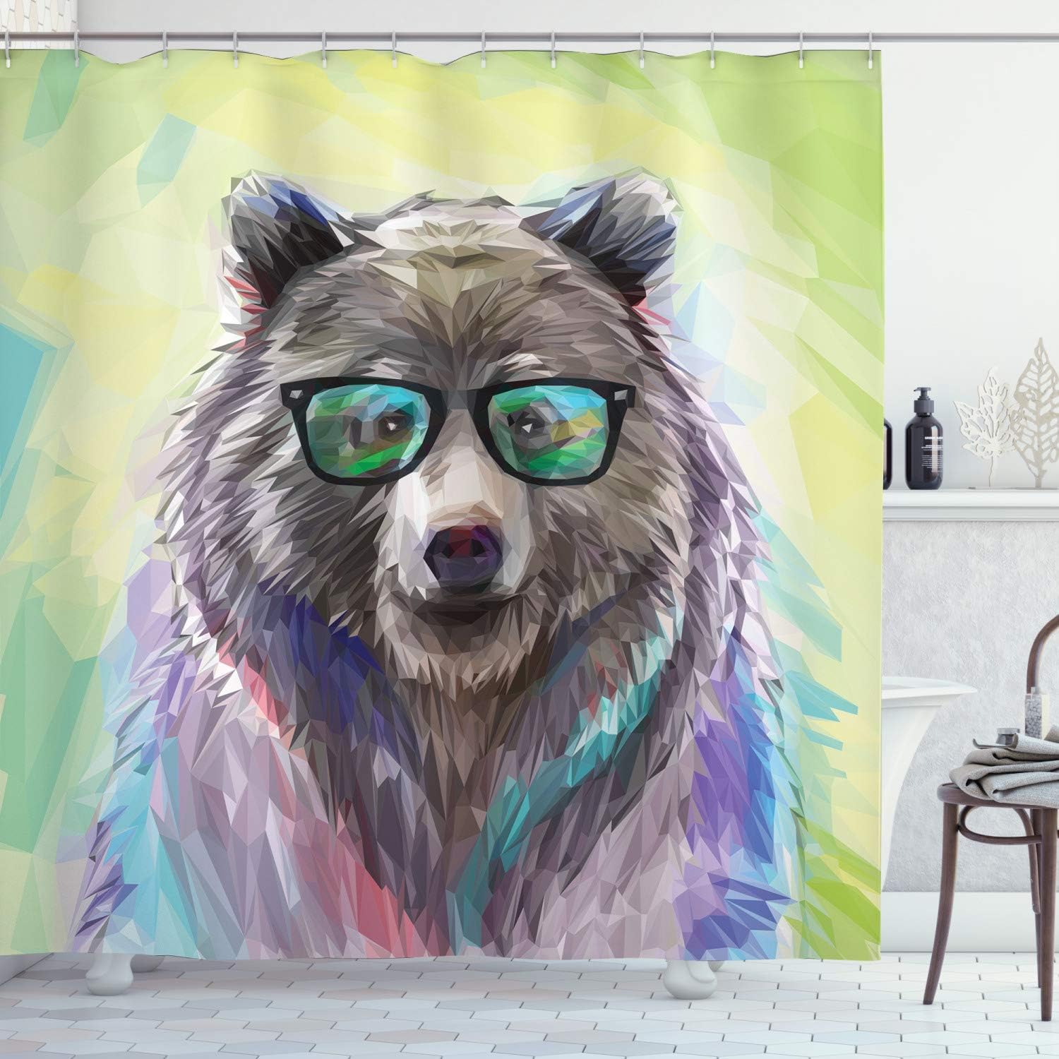 Cool Hipster Bear Shower Curtain, Spectacles Colorful Portrait Themed Print- Home Decor