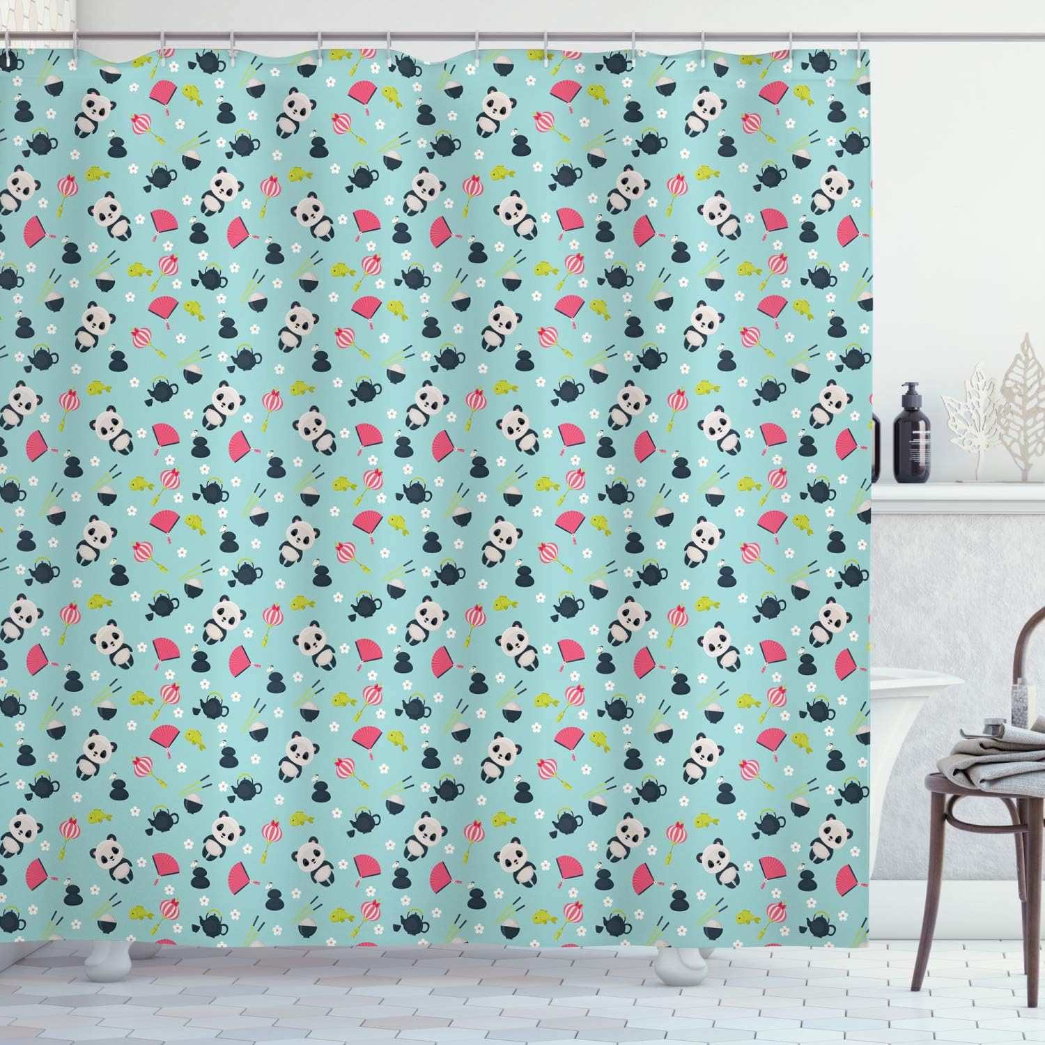 Panda Bears Koi Fishes Shower Curtain, Japanese Far Eastern Illustration Cloth Bathroom Decor In Multicolor