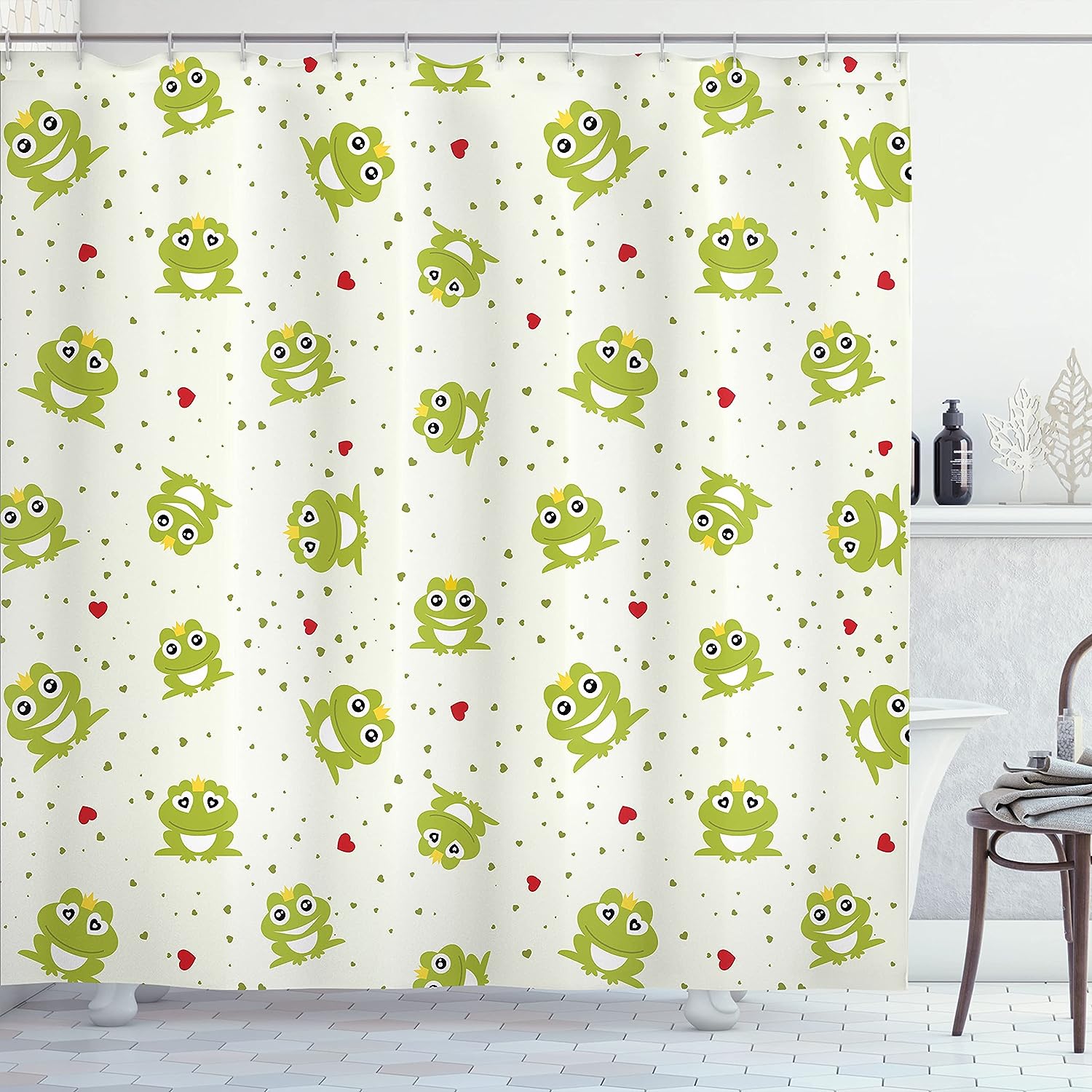Frog Prince Love Shower Curtain, Heart Dotted Retro Background Illustration- Bathroom Curtain