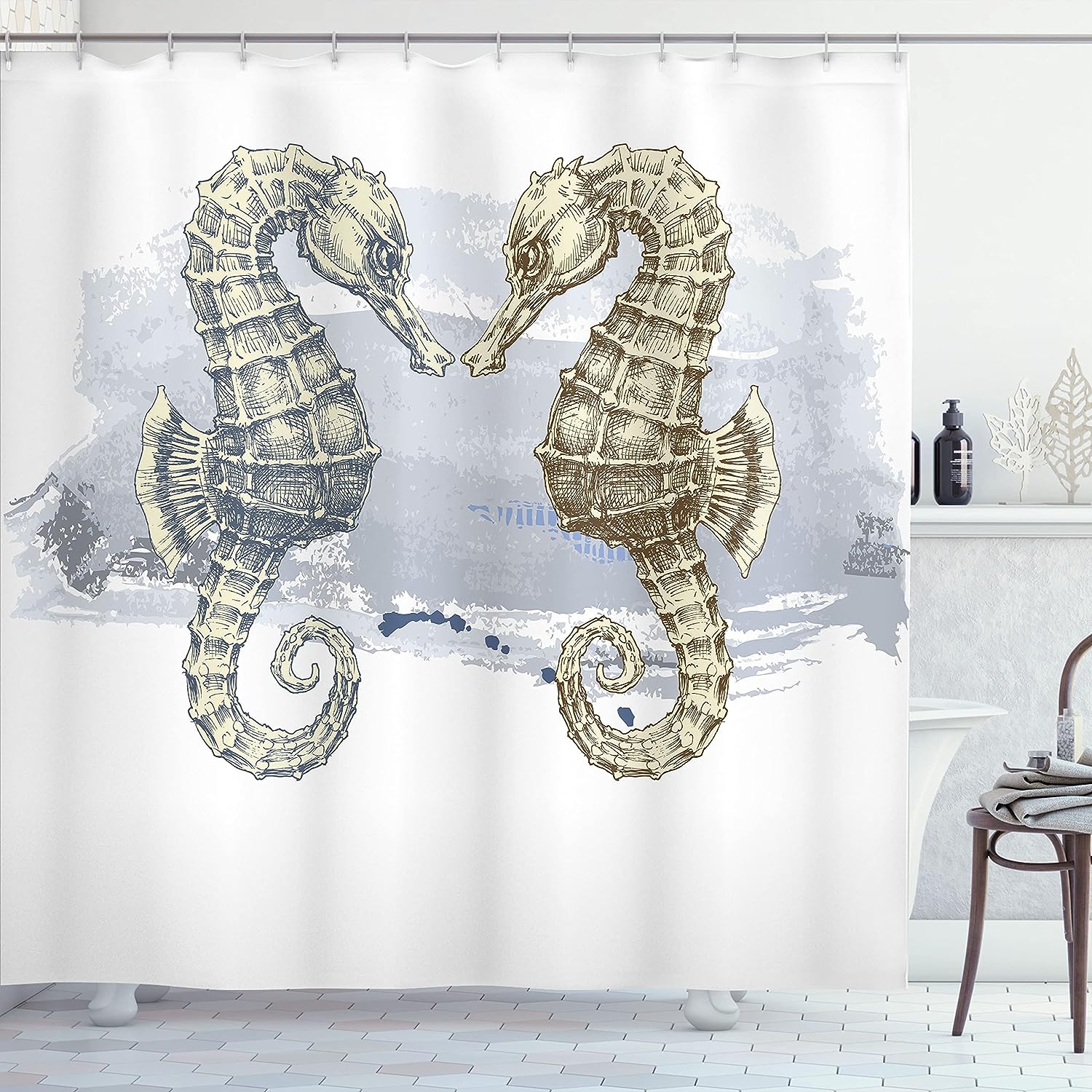 Seahorse Shower Curtain, Lovers In Artisan Technique Grunge Splash On Background- Bathroom Decor