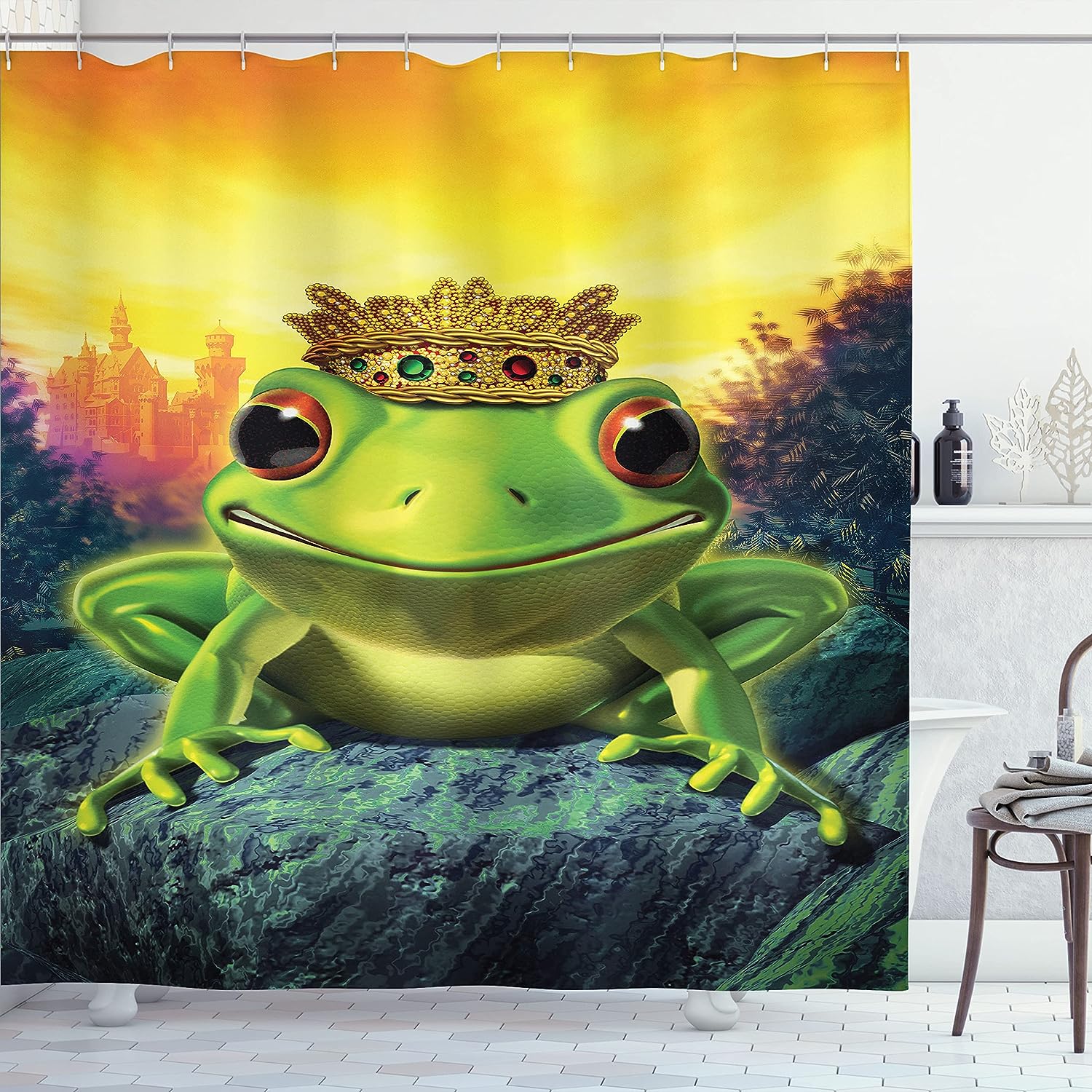 Frog Prince Shower Curtain, Golden Yellow Crown On Rocks Soul Mates Illustration- Home Decor