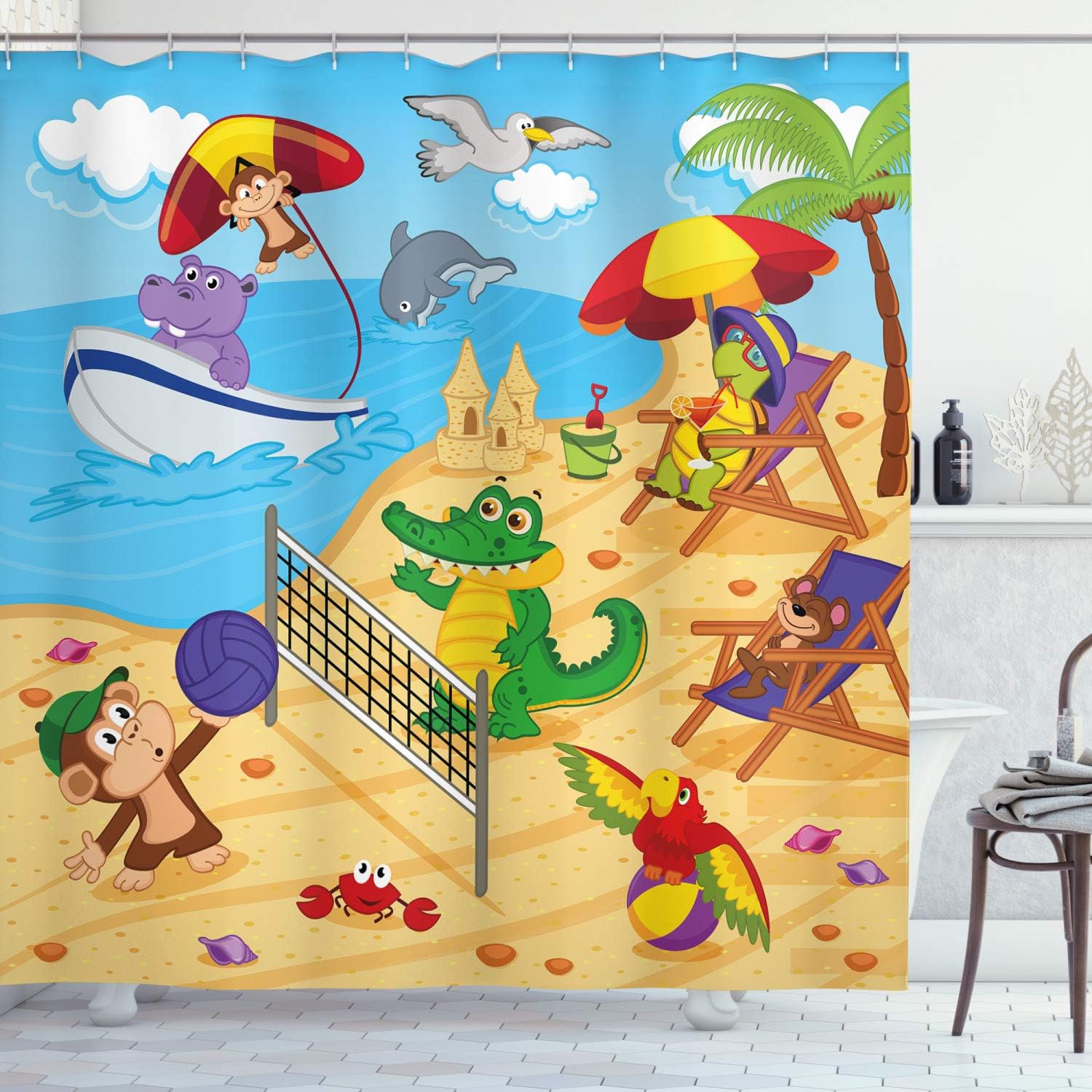 Cartoon Animal Shower Curtain, Exotic Summer Illustration With Monkeys And Dolphins- Bathroom Decor