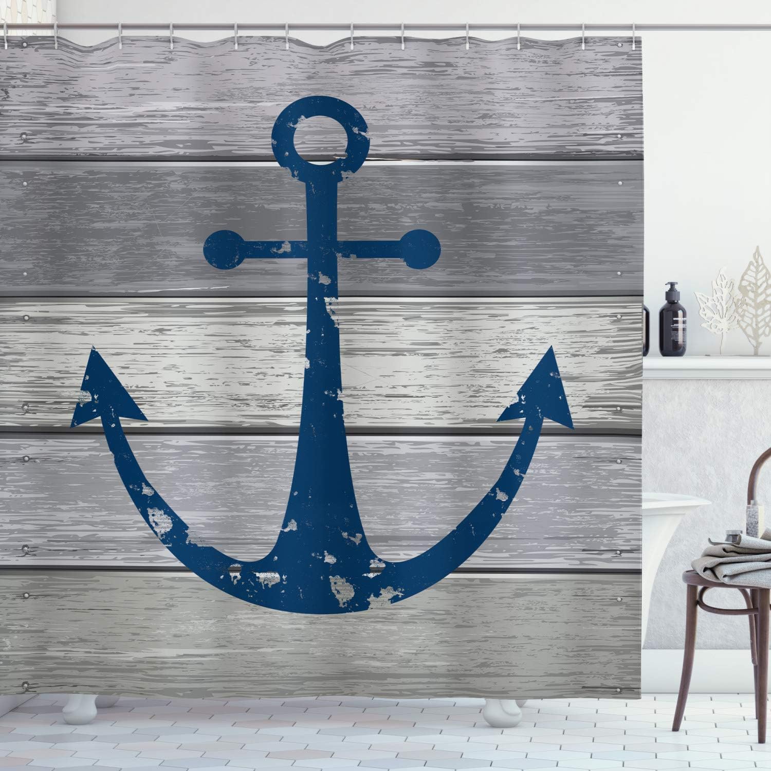 Rustic Anchor Shower Curtain, Timeworn Marine On Weathered Wooden Planks- Home Decor