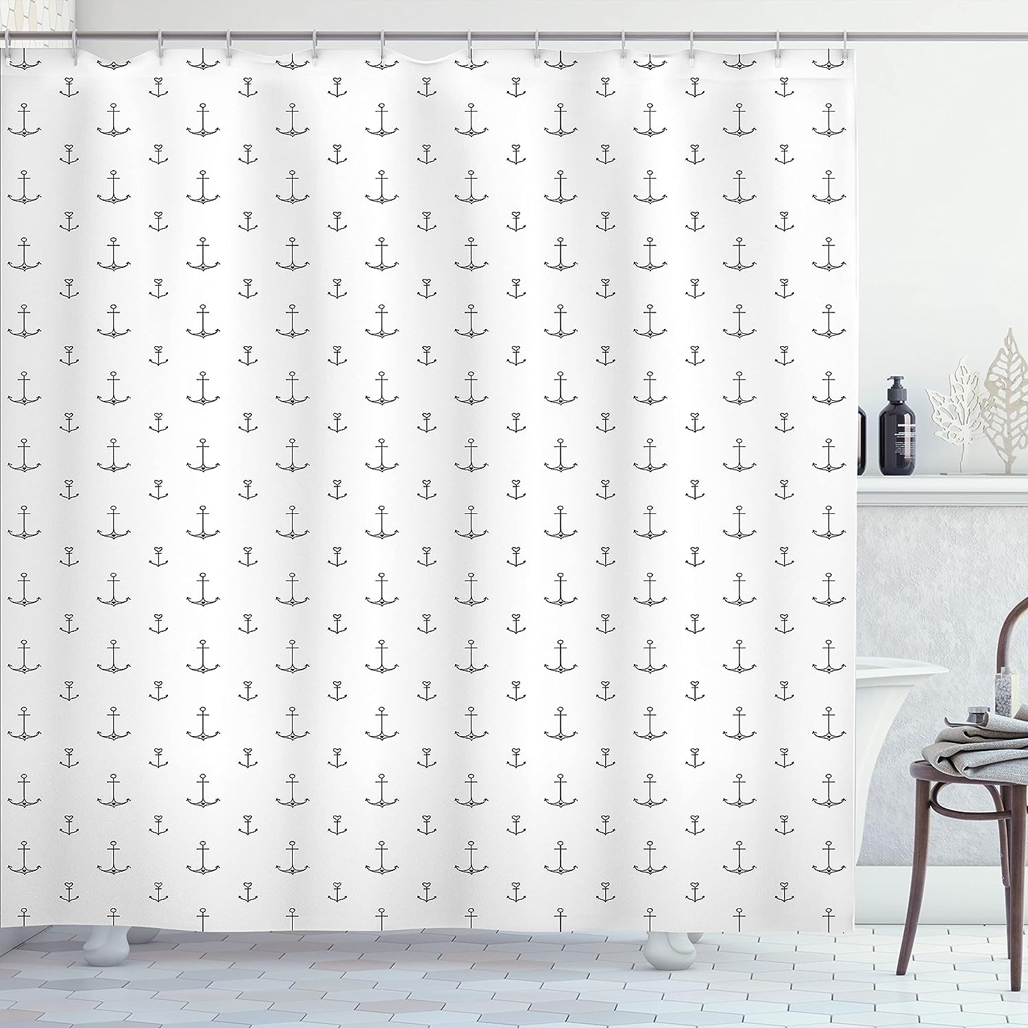 Retro Hand Drawn Anchor Shower Curtain, Tattoo Style Nautical Hipster Retro Art Design- Bathroom Decor