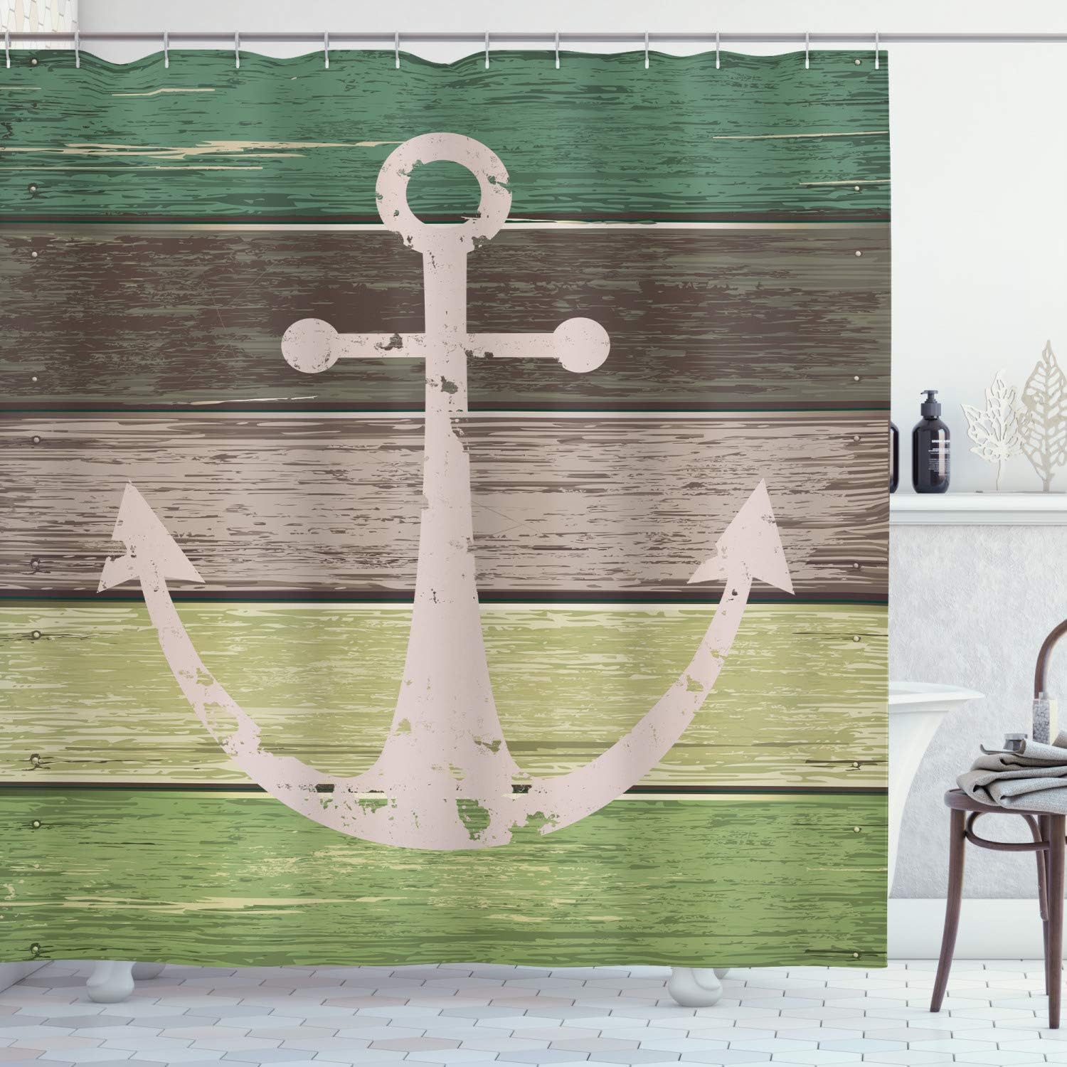Rustic Anchor Shower Curtain, Grungy Sailing Motif On Wooden Plank Nautical- Home Decor