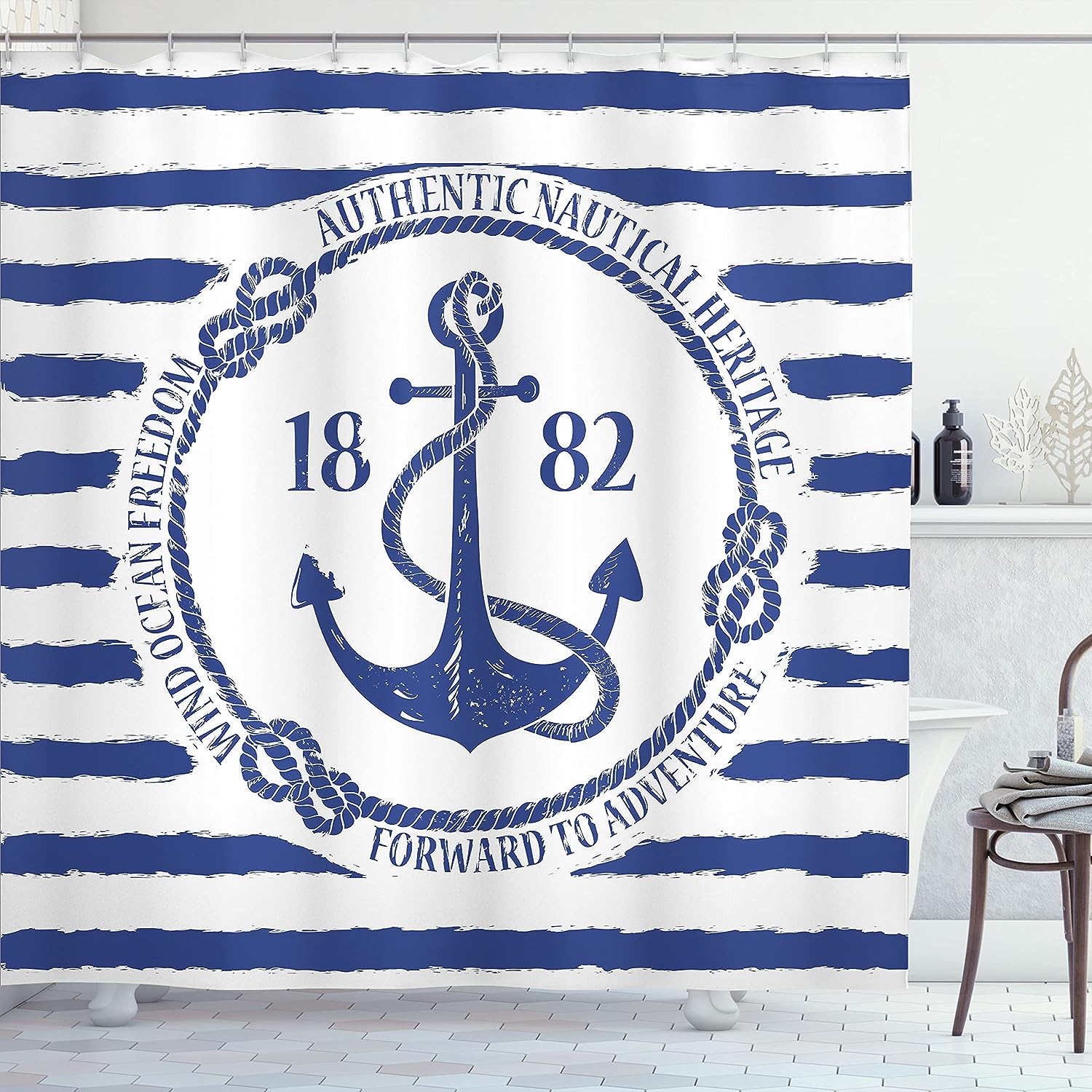 Old Nautical Emblem Anchor Shower Curtain, Striped Background Freedom Heritage- Bathroom Curtain