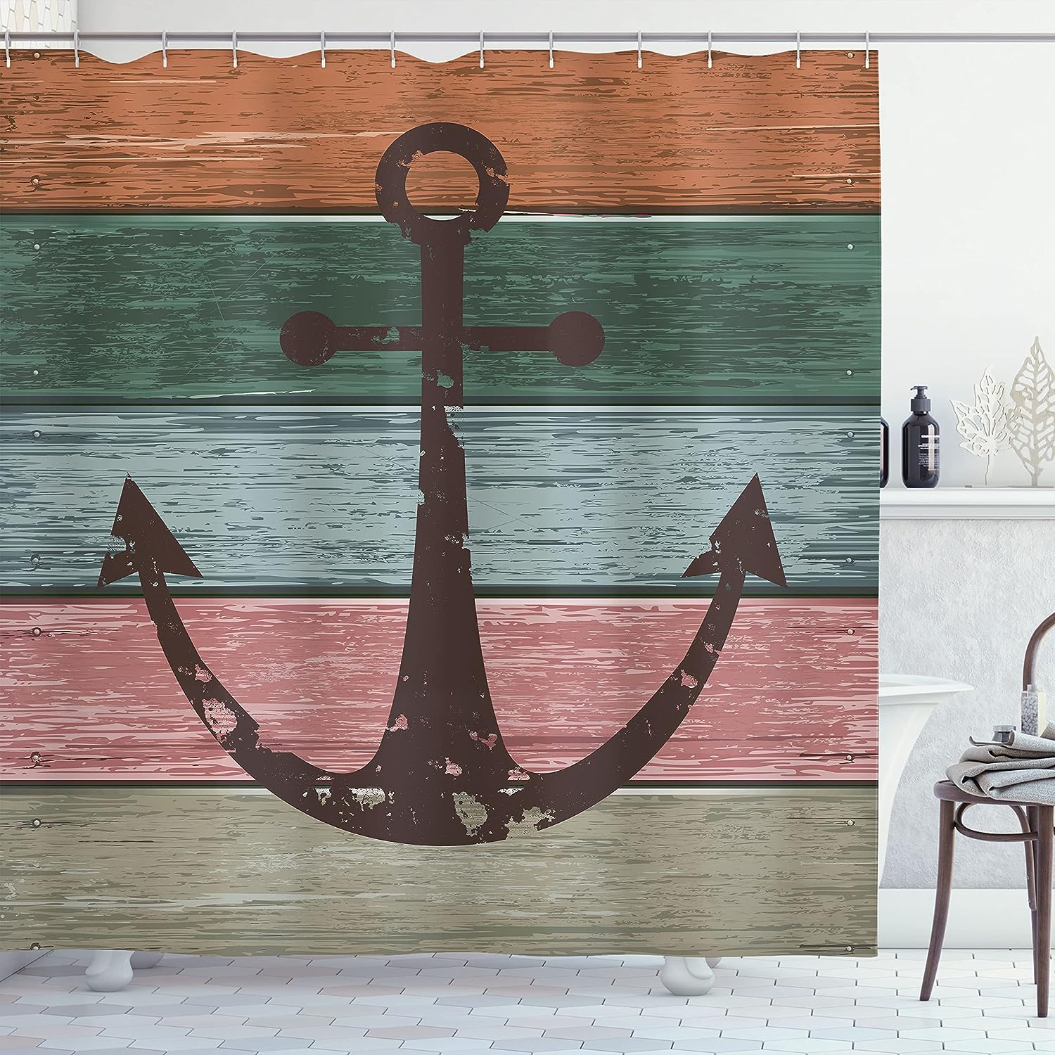 Ocean Theme Anchor Shower Curtain, Rustic Marine On Wooden Planks Nautical Bathroom Sign Design- Bathroom Decor