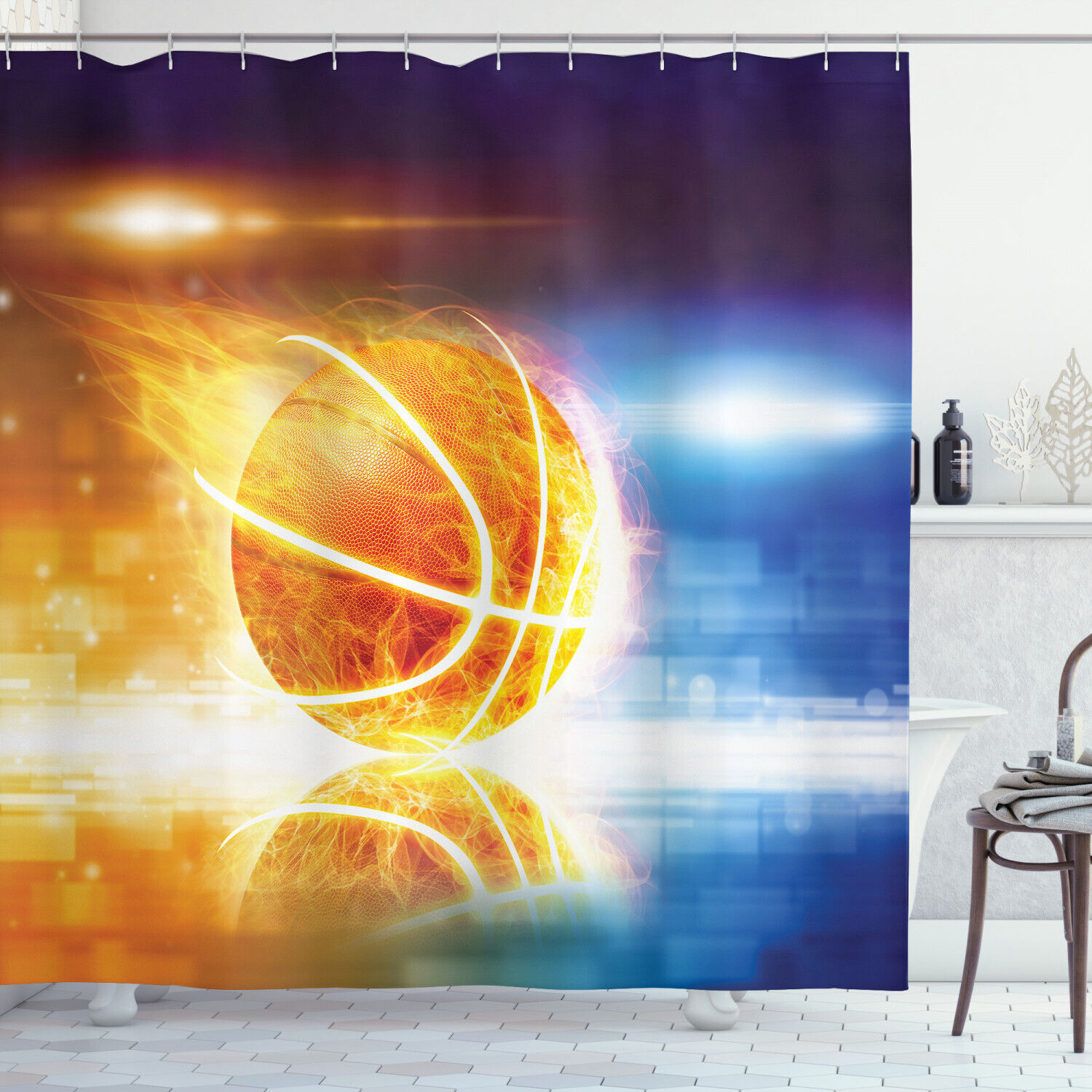 Burning Basketball Art Print Abstract Shower Curtain For Sporty Bathroom Decor