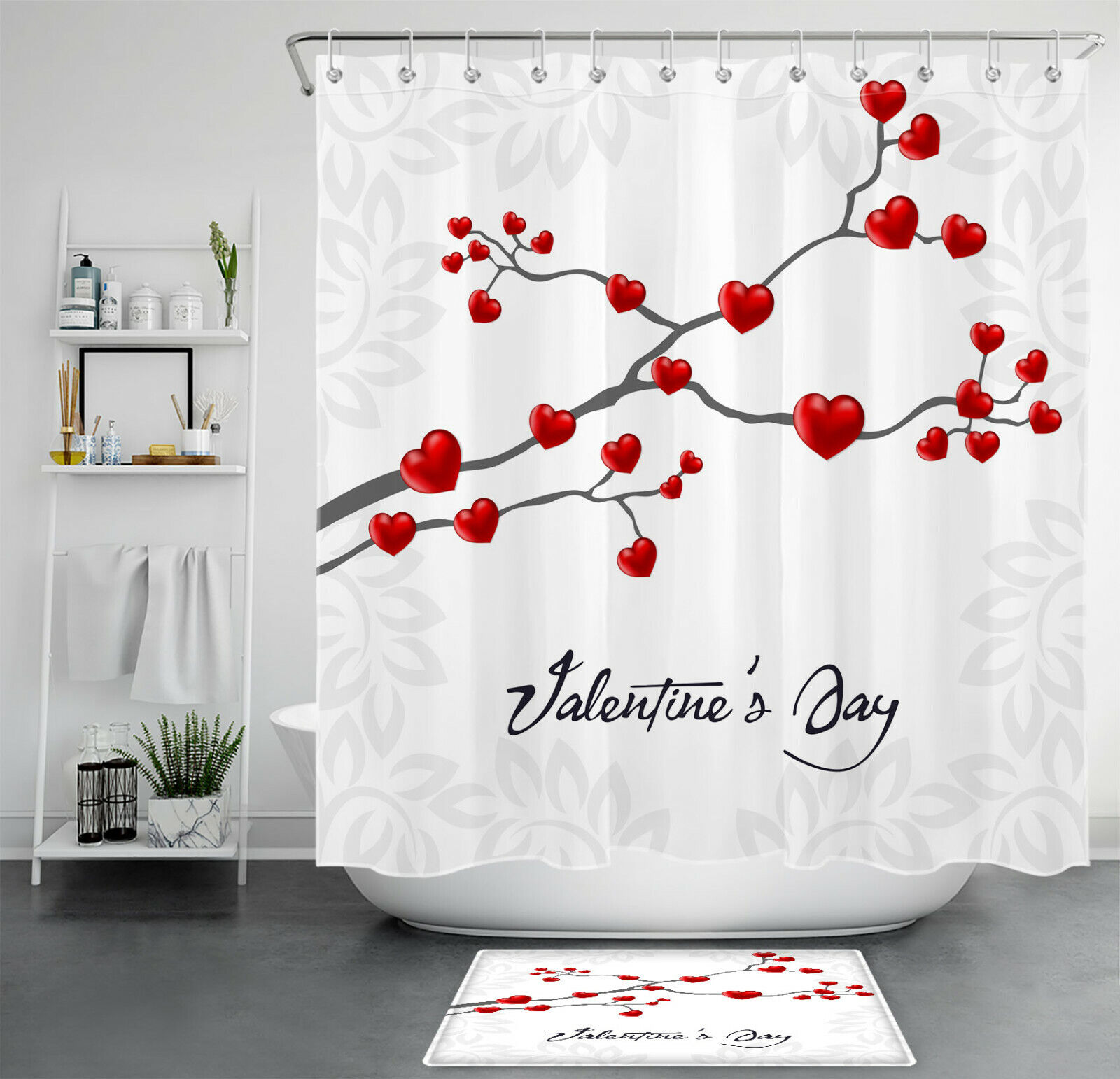 Red Abstract Heart Tree Valentines Day Shower Curtain For Romantic Bathroom Decor