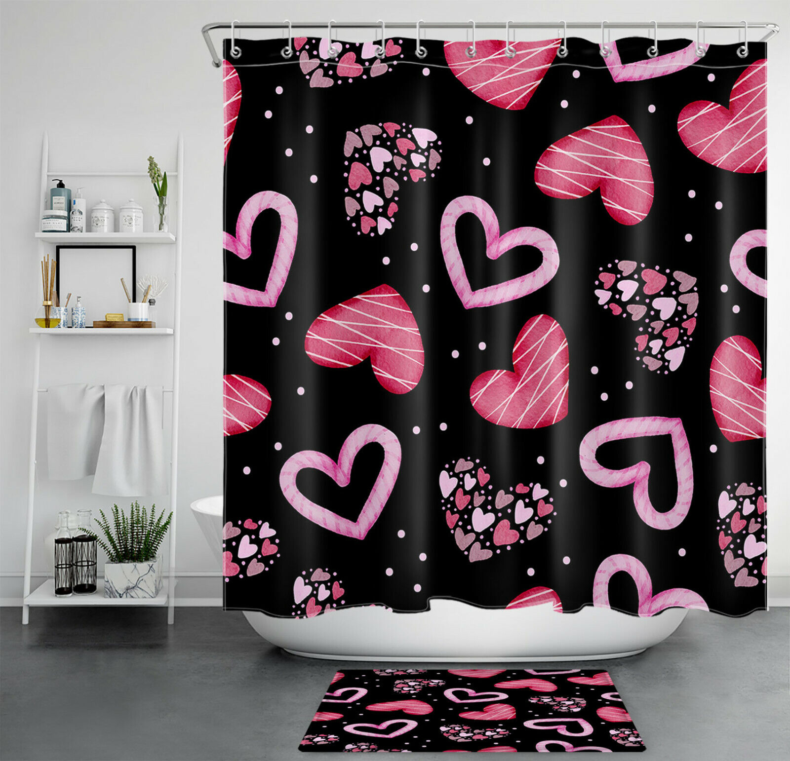 Romantic Abstract Love Hearts Shower Curtain For Valentines Day Bathroom Decor