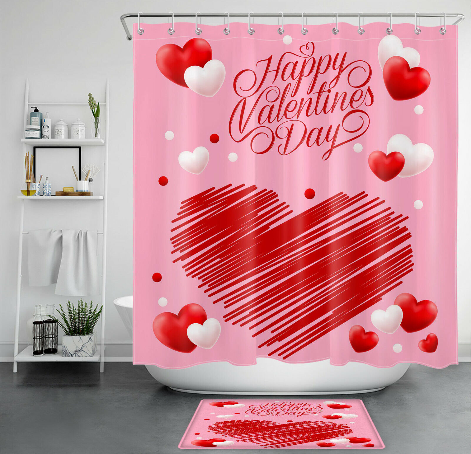 Happy Valentines Day Abstract Love Red White Hearts Shower Curtain For Festive Bathroom Decor