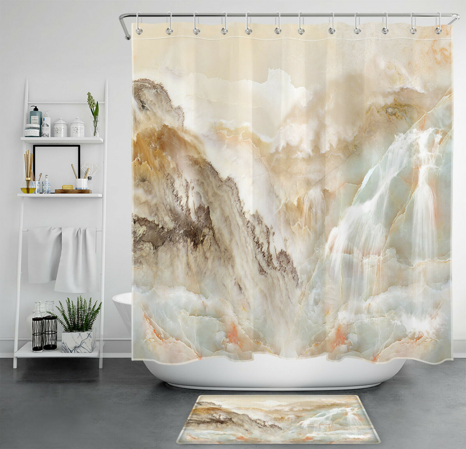 Elegant Abstract Mountain Waterfall Marble Texture Shower Curtain For Luxurious Bathroom Decor