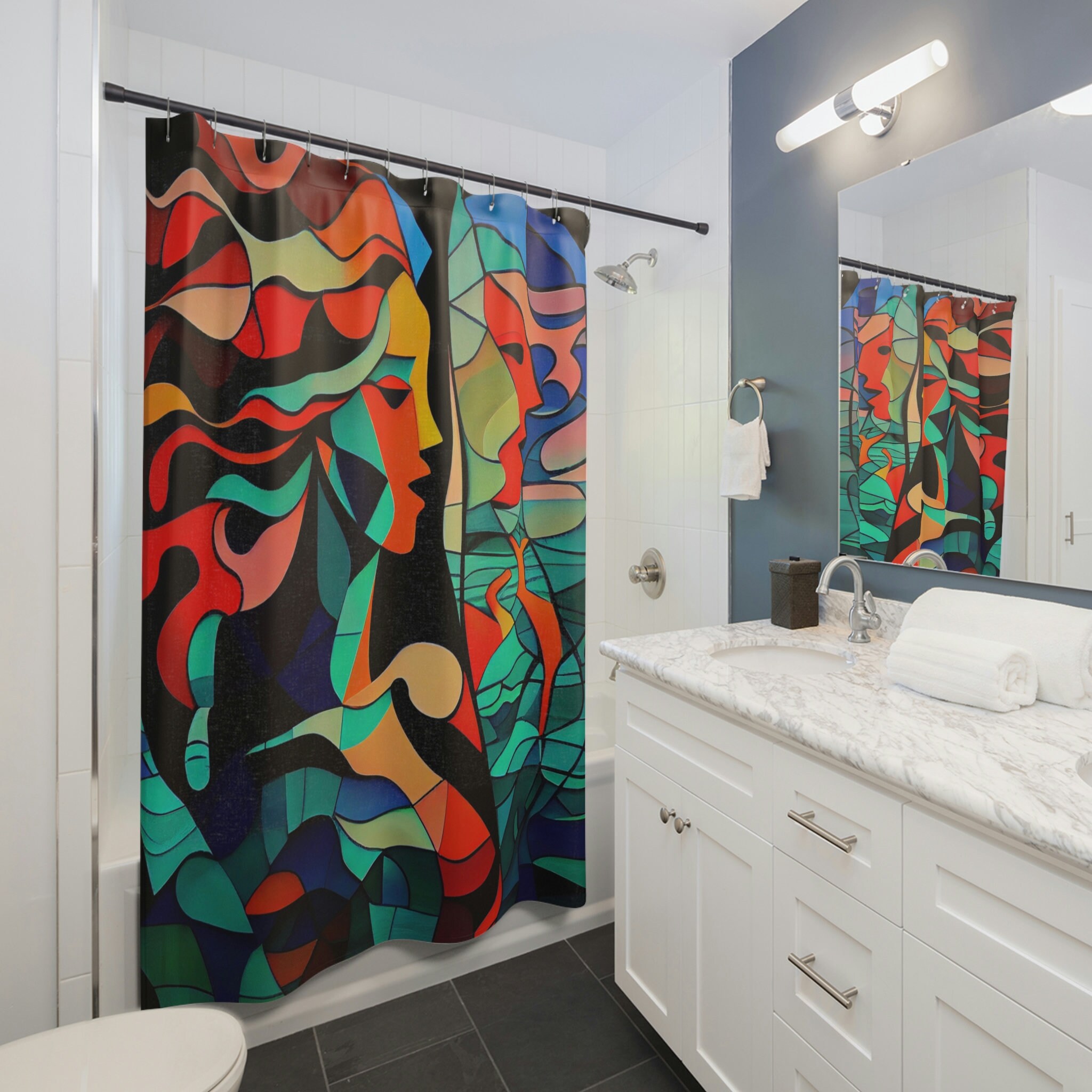 Cubist-Style Modern Art Abstract Mermaid Shapes Shower Curtain For Artistic Bathroom Decor