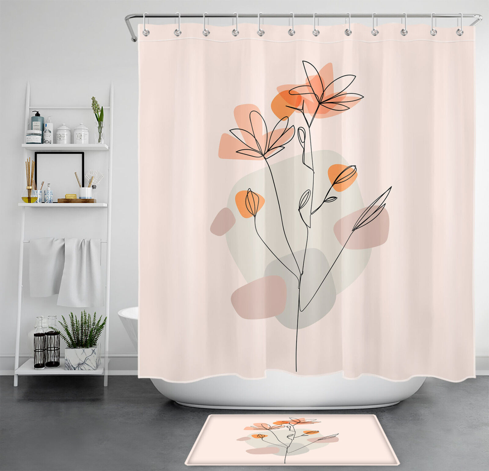 Flower Mid Century Geometric Shower Curtain For Modern Bathroom Decor
