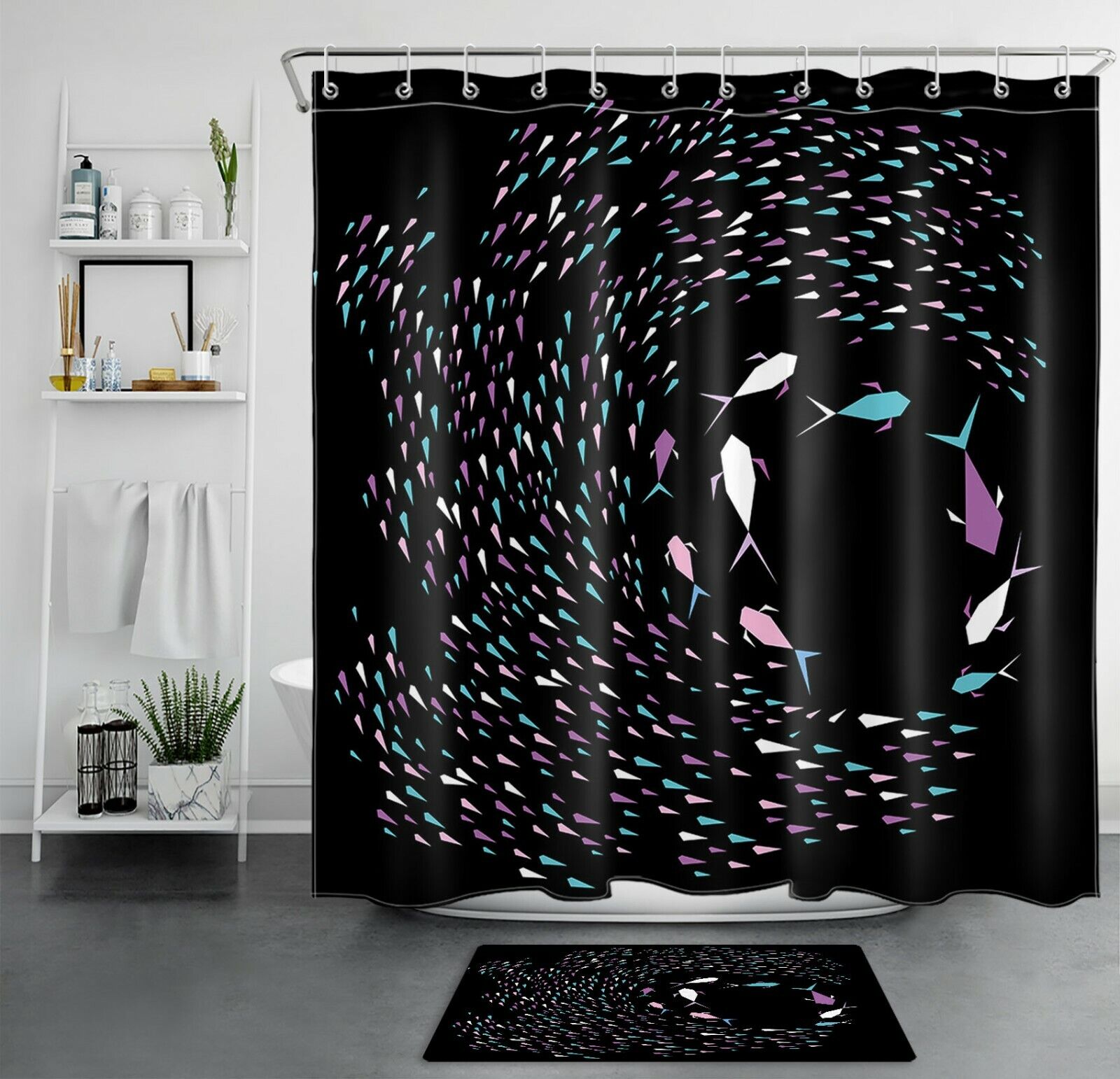 Fish Ocean Geometric Pattern Shower Curtain For Nautical Bathroom Decor