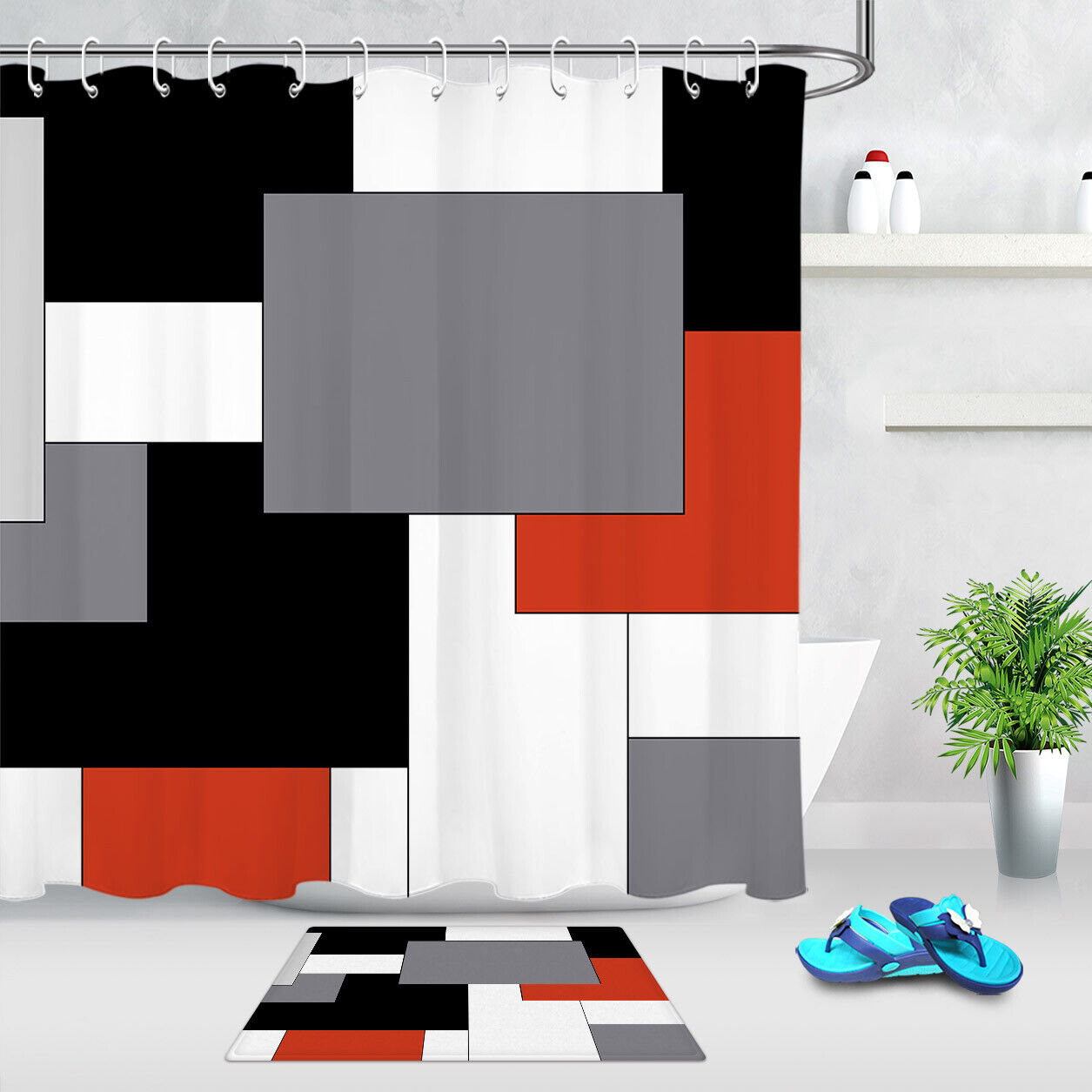 Red Black And White Geometric Pattern Shower Curtain For Chic Bathroom