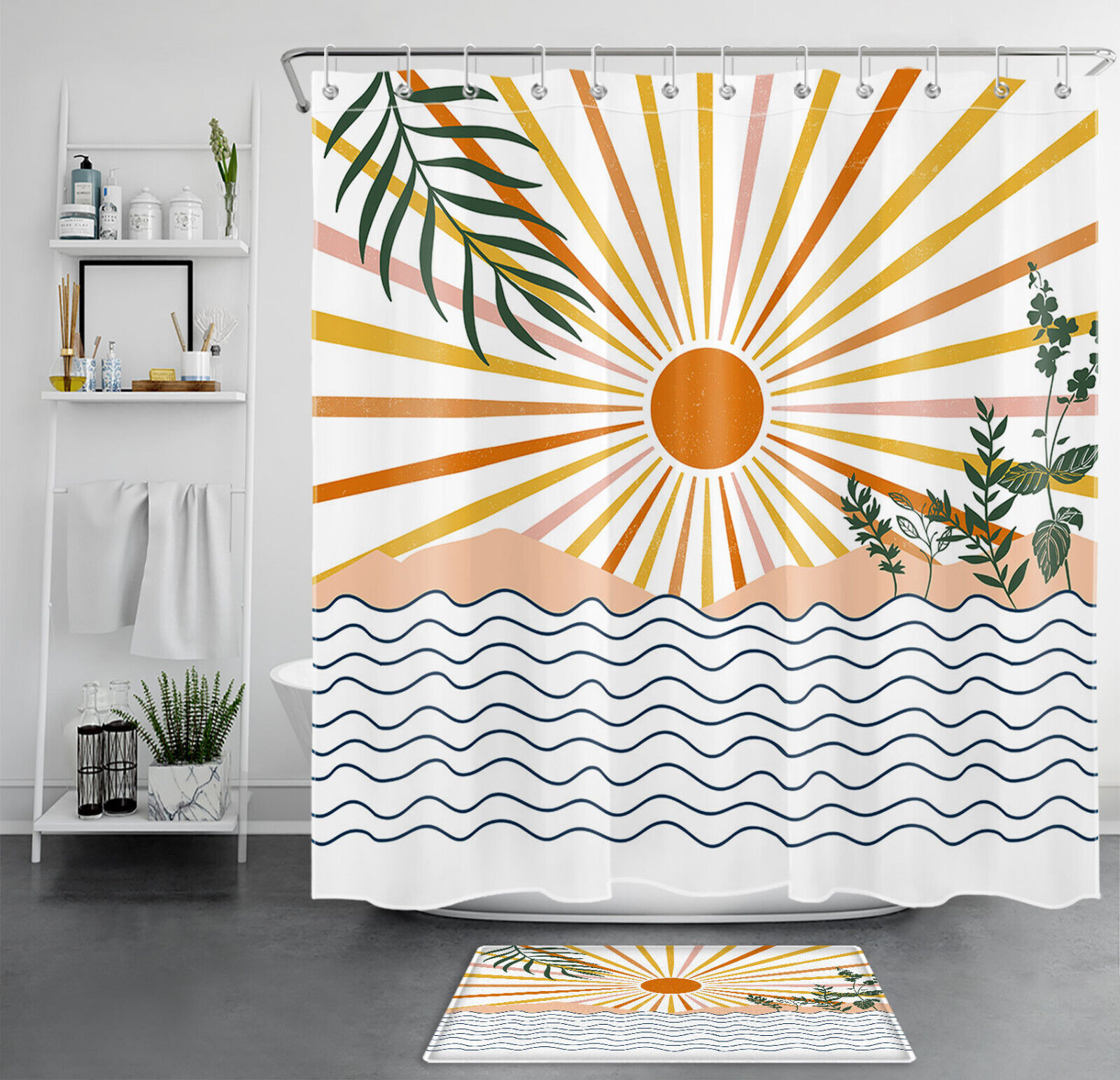 Ocean Sun Abstract Green Leaf Mid Century Shower Curtain For Elegant Bathroom Decor