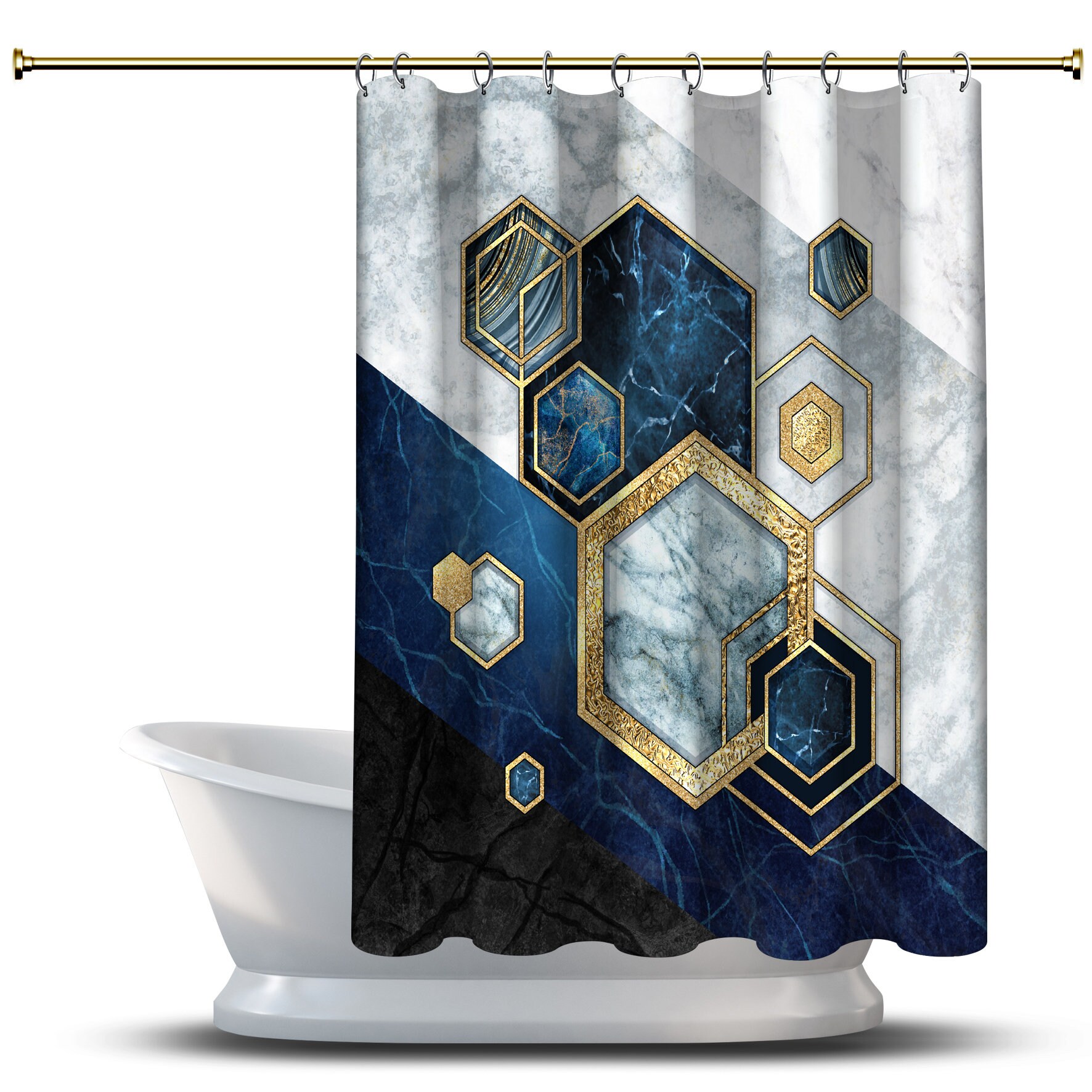 Multidimensional Hexagonal Marble Blue Printed Shower Curtain For Modern Bathroom Decor