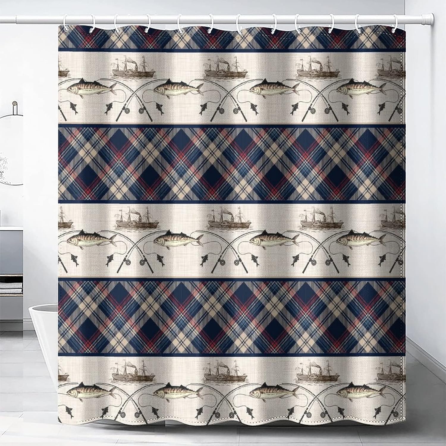 Fishing Nautical Theme Retro Shower Curtain For Rustic Bathroom Decor
