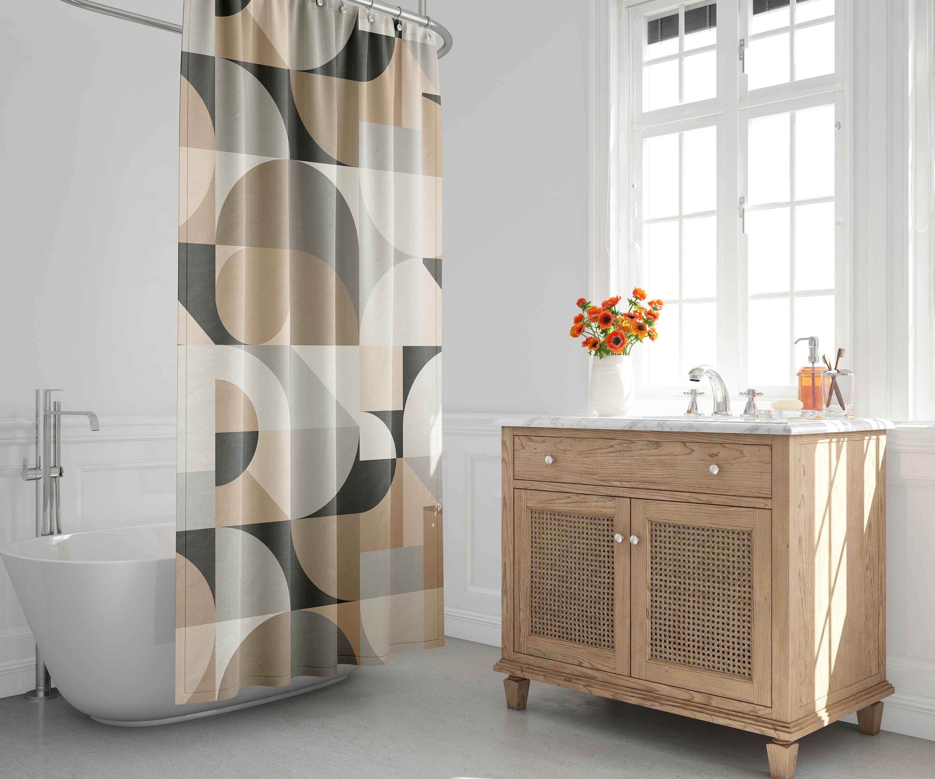 Grey Minimalist Geometric Shower Curtain For Modern Bathroom Decor