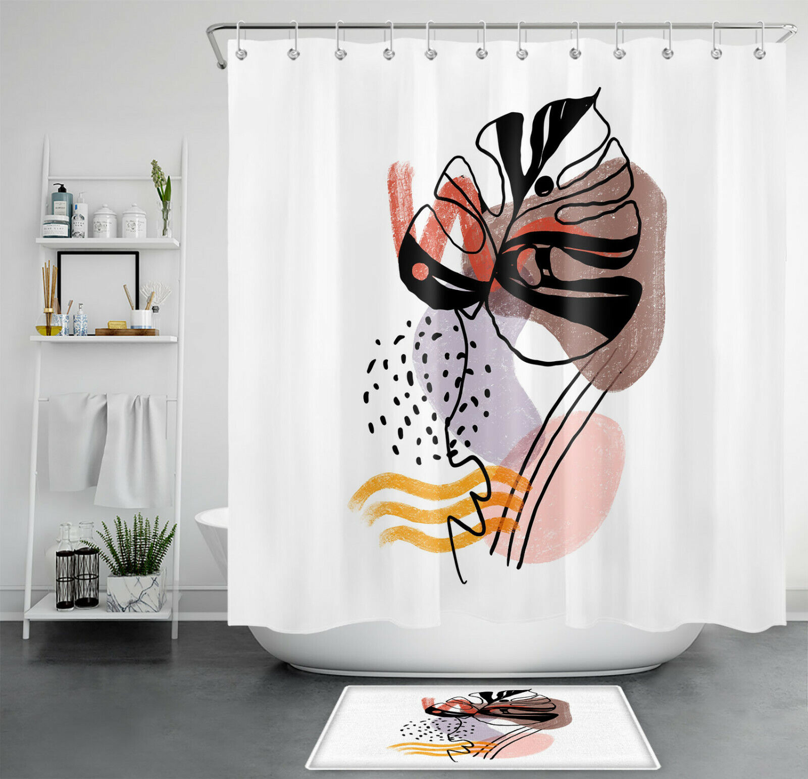 Minimalist Palm Leaf Black Lines Shower Curtain For Modern Bathroom Decor