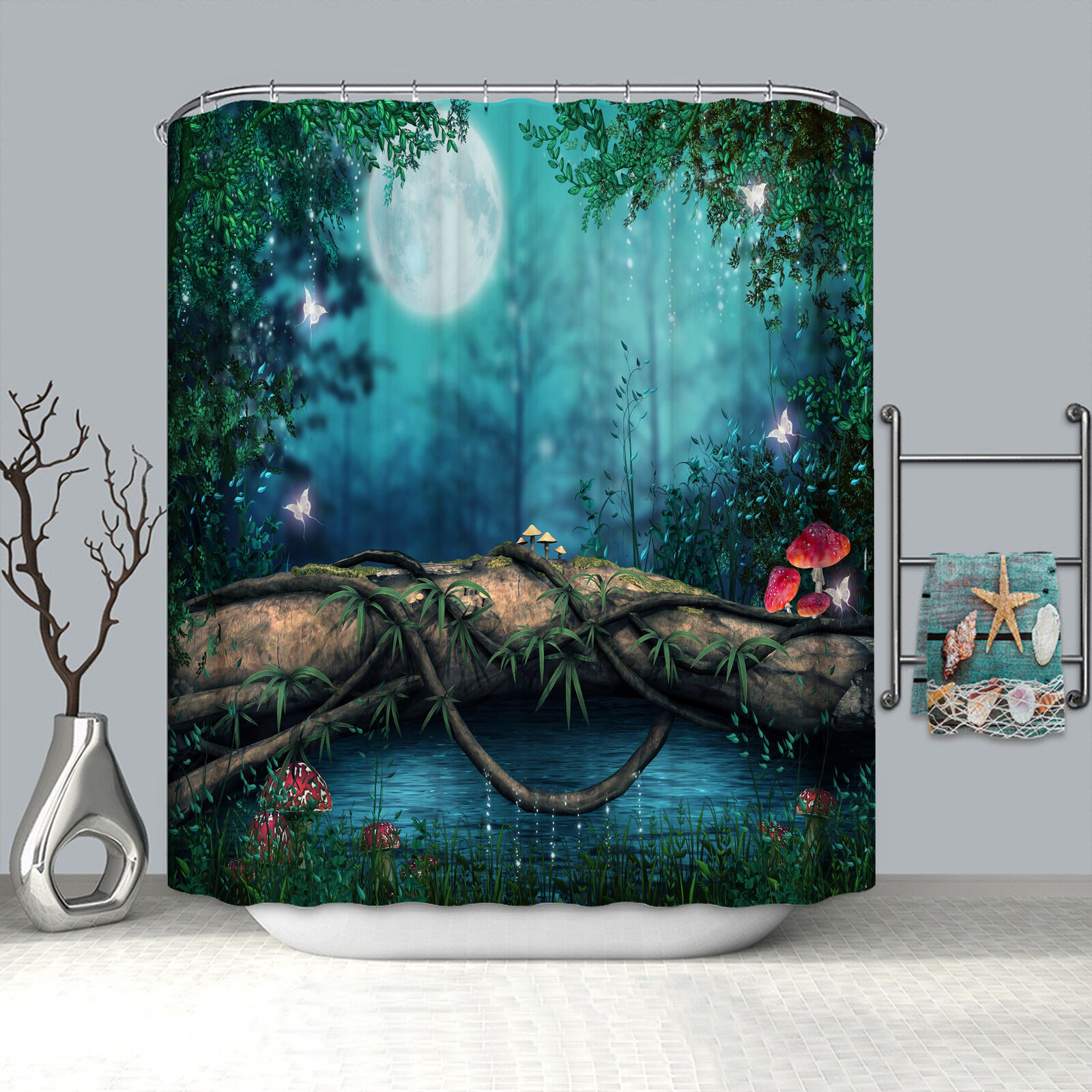 Nature-Inspired Branches Moon Shower Curtain For Rustic Bathroom Decor