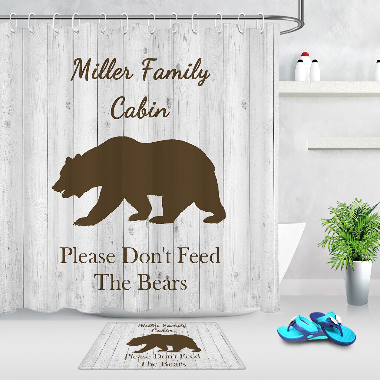 California Brown Bear Wood Plank Shower Curtain For Rustic Bathroom Decor