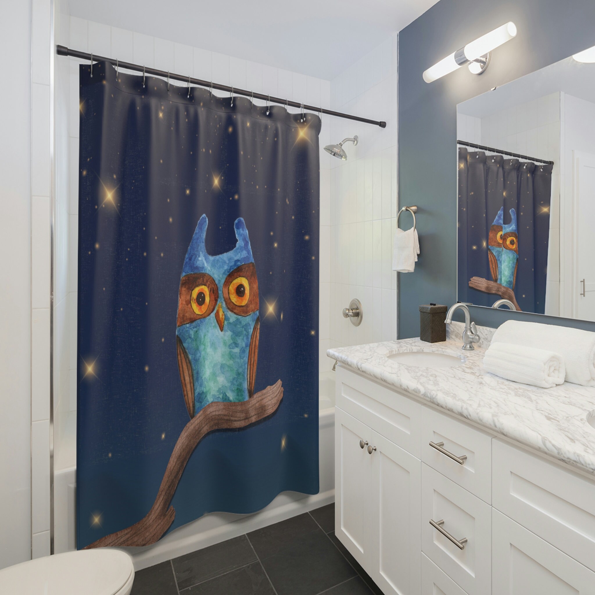 Night Sky Wise Owl Shower Curtain Tree Branch Bathroom Decor