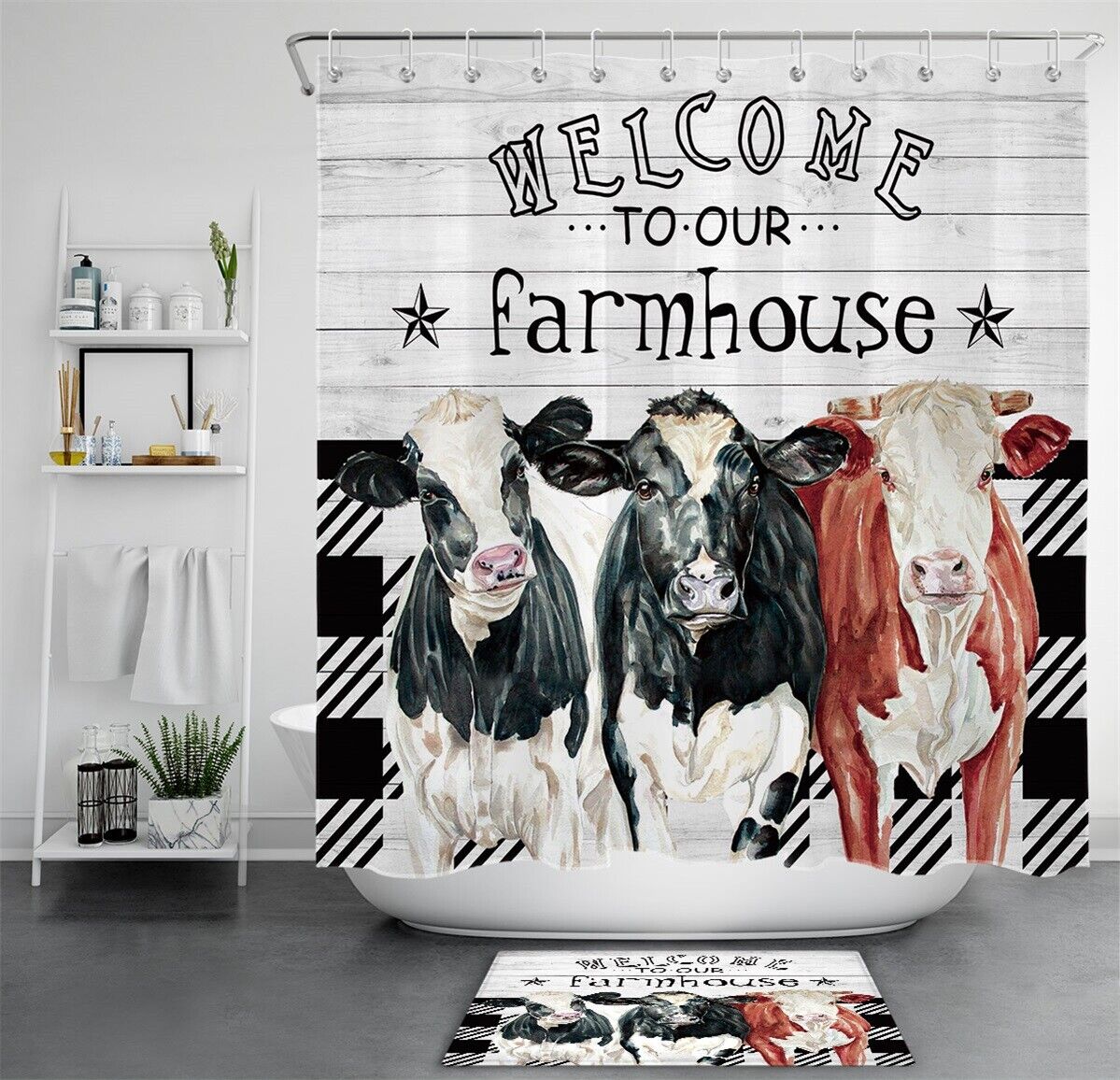 Farmhouse Shower Curtain Farm Cows Vintage Home Decor