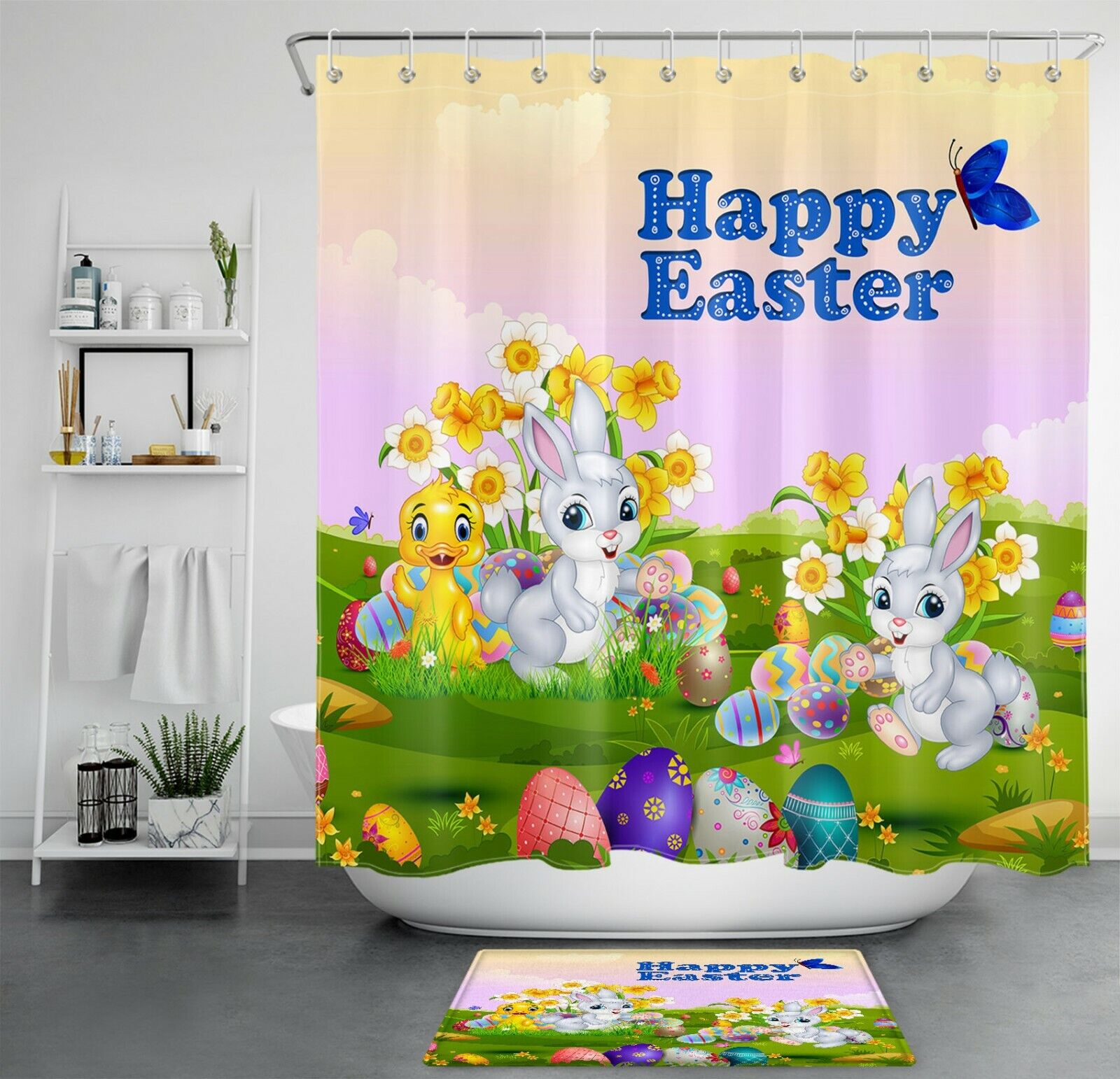 Easter Shower Curtain Spring Flowers Cute Bunny Bathroom Decor