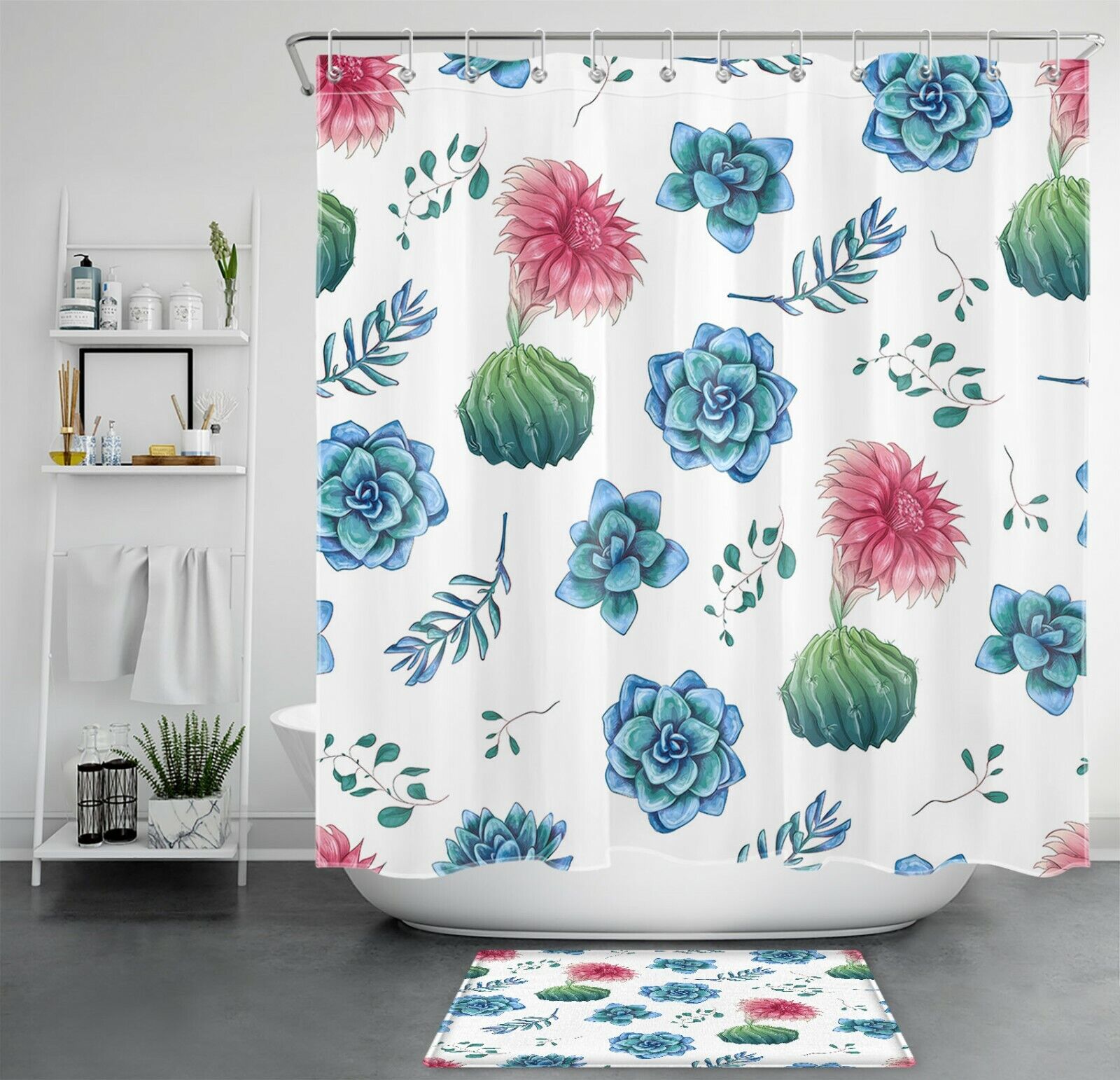 Succulents Cactus Flowers Shower Curtain Tropical Bathroom Decor