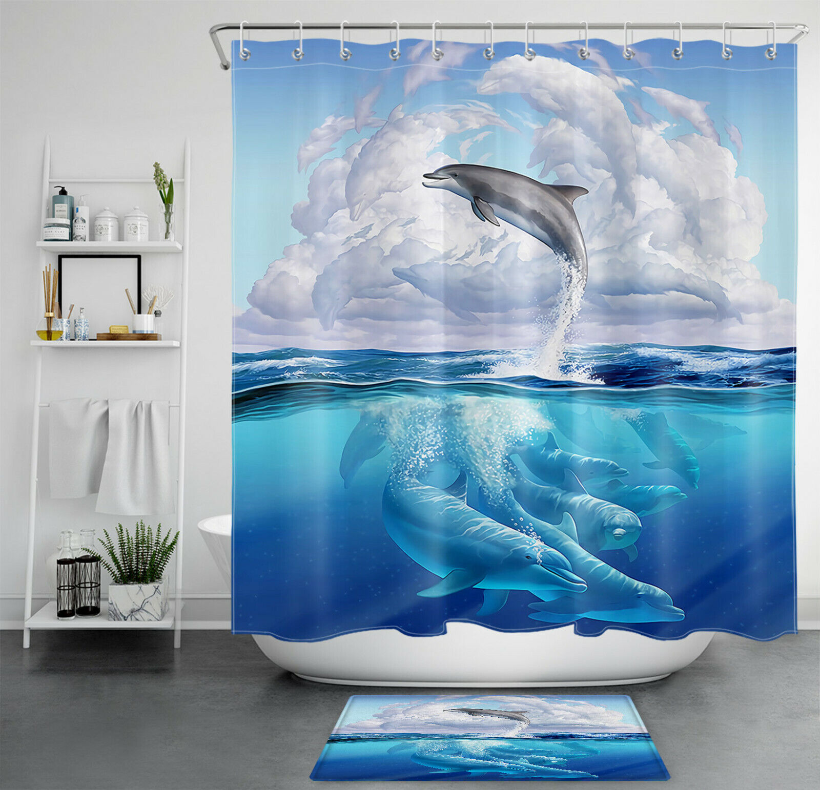 Ocean Abstract White Cloud Dolphin Shower Curtain For A Dreamy And Serene Bathroom Accessory