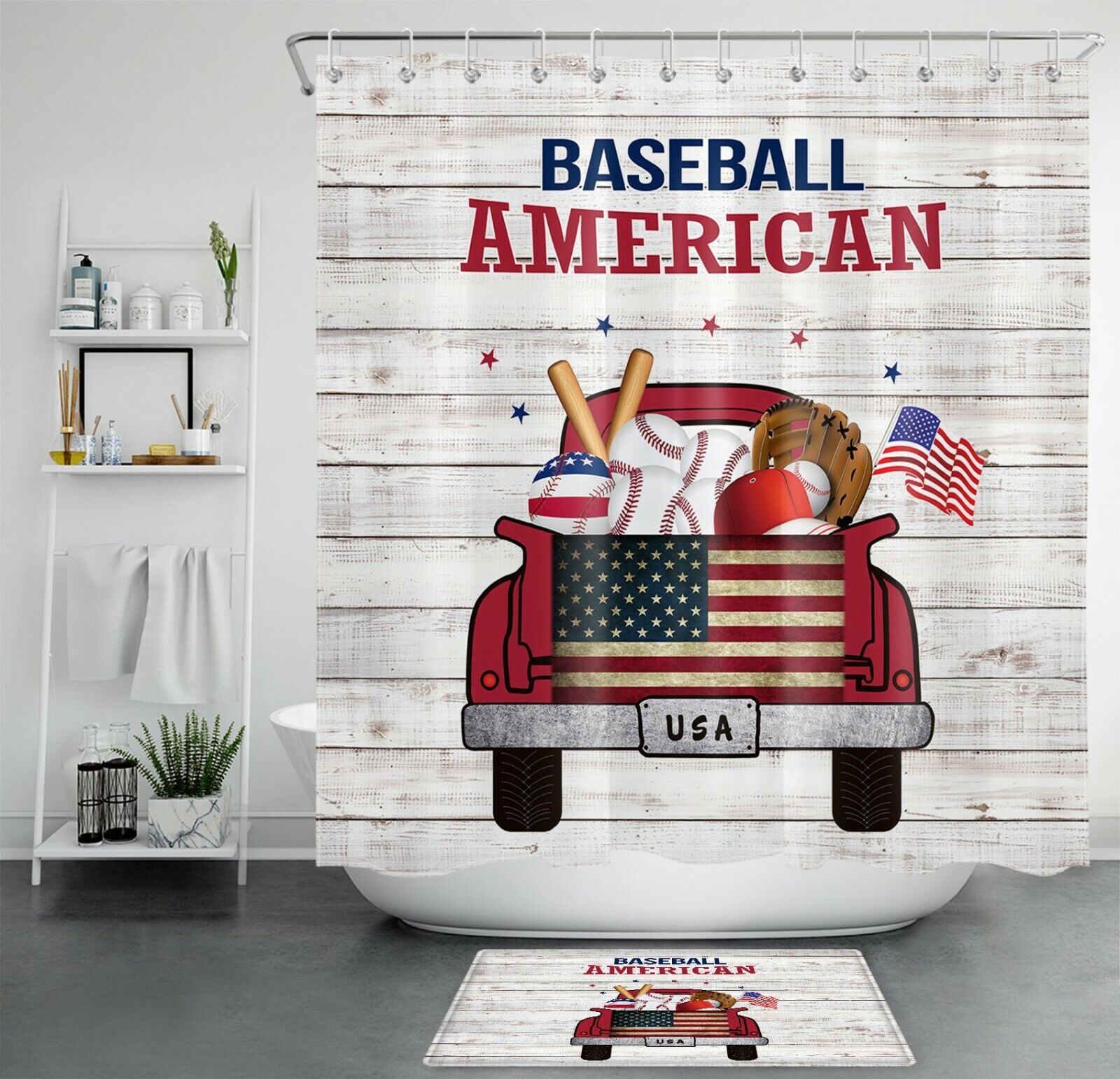 Retro Farm Truck American Baseball Shower Curtain For A Vintage And Sporty Bathroom Accessory