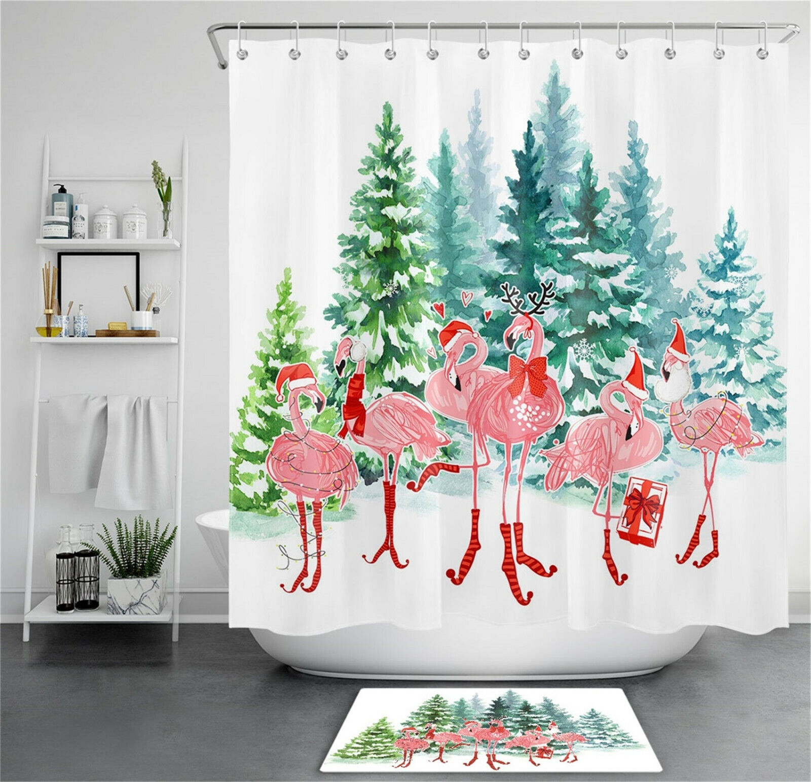 Christmas Flamingos Shower Curtain Watercolor Fir Forest Bathroom Decor