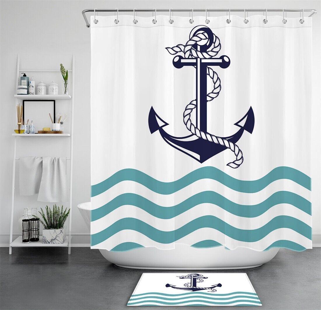 Navy Anchor White Shower Curtain With Abstract Sea Water For A Nautical Bathroom Decor