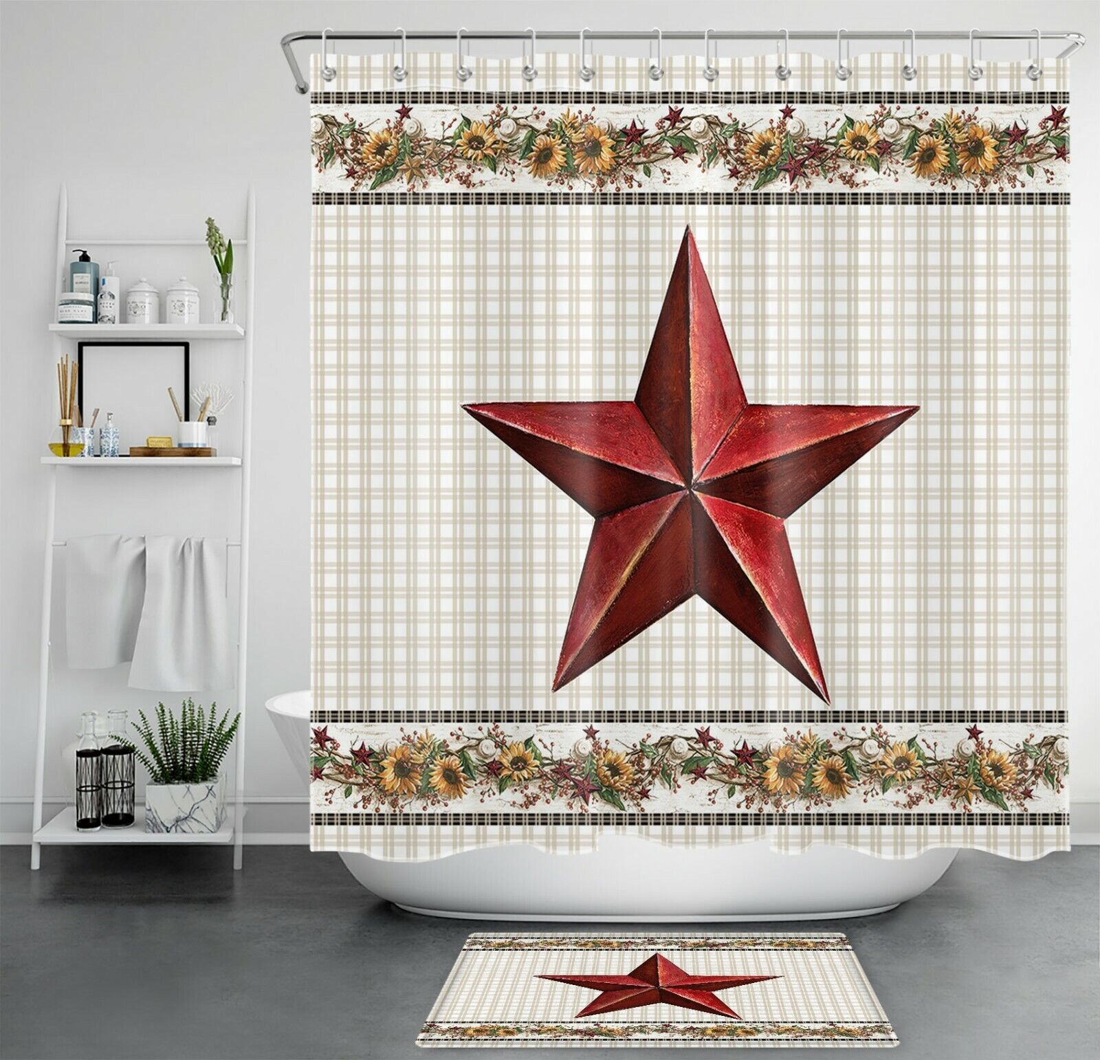 Sunflower Retro Plaid Shower Curtain Texas Star Bathroom Decor