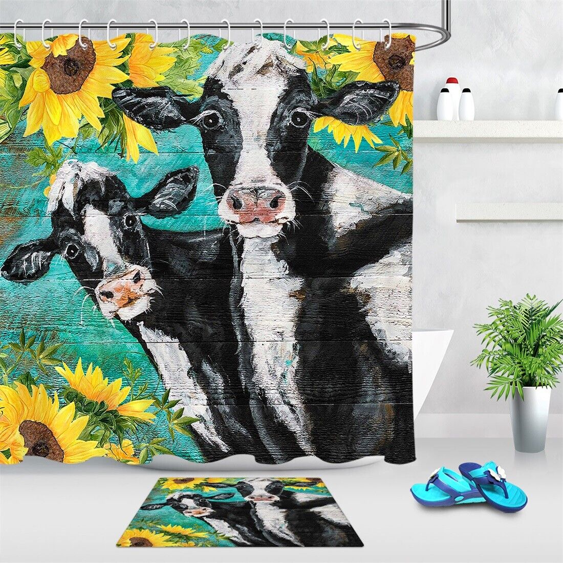 Rustic Wood Board Sunflower Funny Cow Shower Curtain For A Farmhouse Bathroom Decor With A Touch Of Whimsy