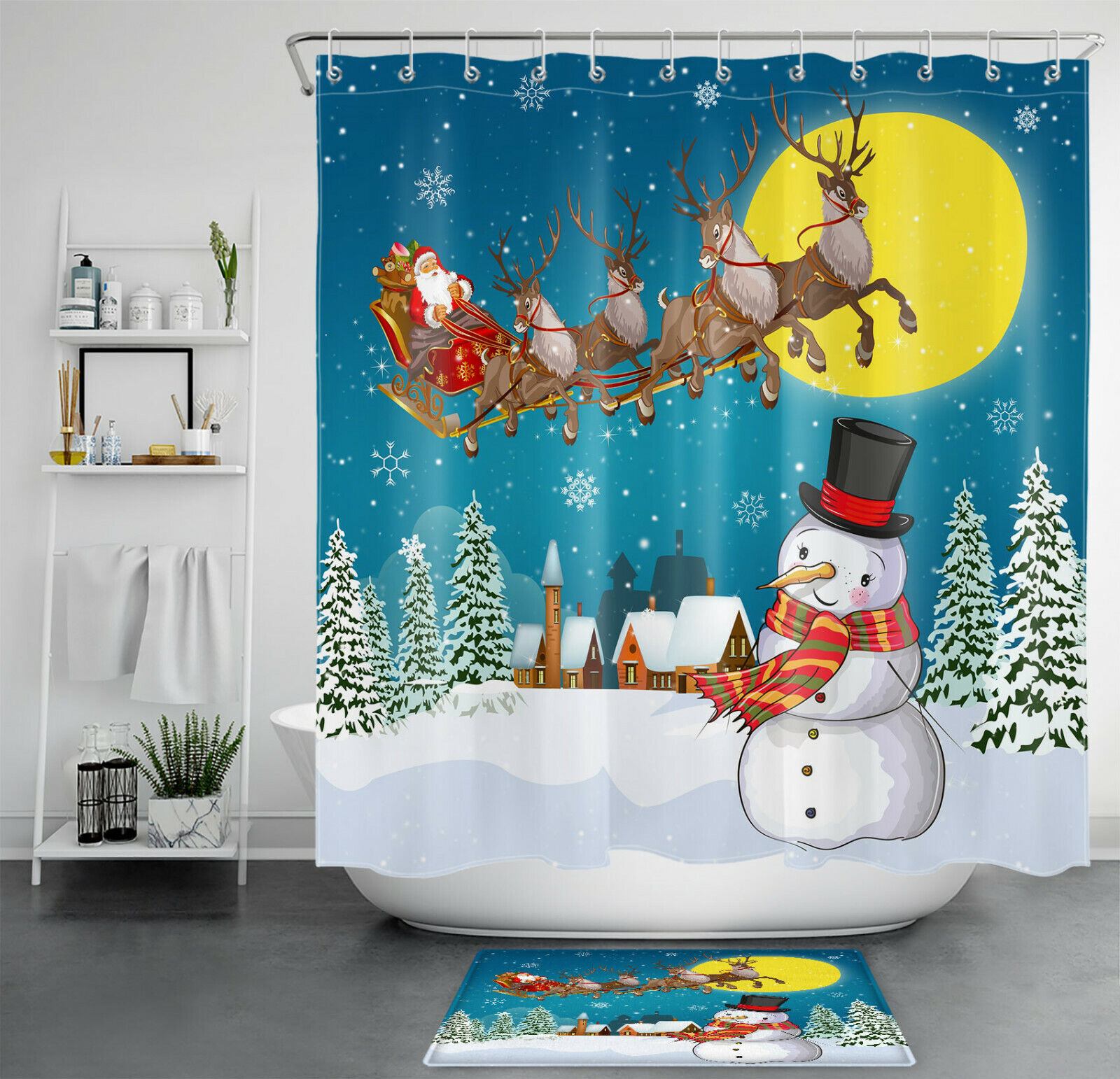 Christmas Shower Curtain Santa Elk Sleigh Snowman Winter Home Decor