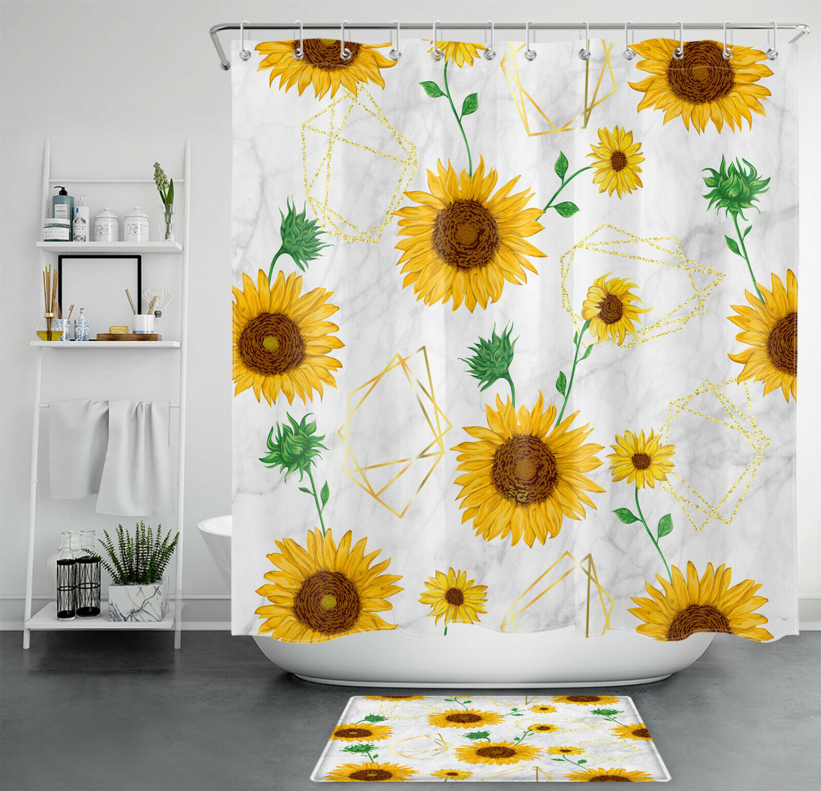 Golden Sunflower Shower Curtain Geometric Pattern Bathroom Decor