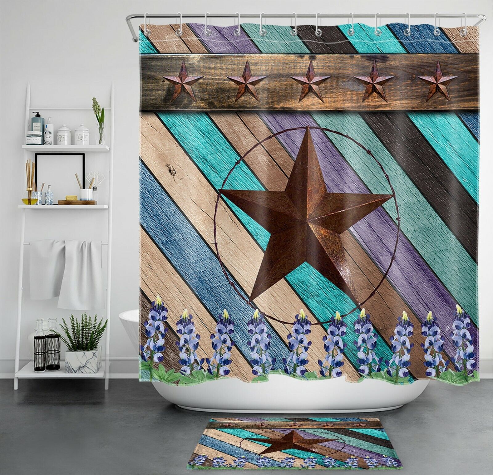 Rustic Wood Board Retro Star Texas Shower Curtain For A Rustic And Texan Bathroom Decor