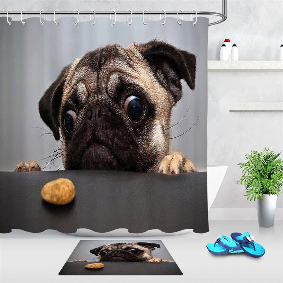 Funny Greedy Dog Pug Cookie Shower Curtain For A Cute And Quirky Bathroom Accessory