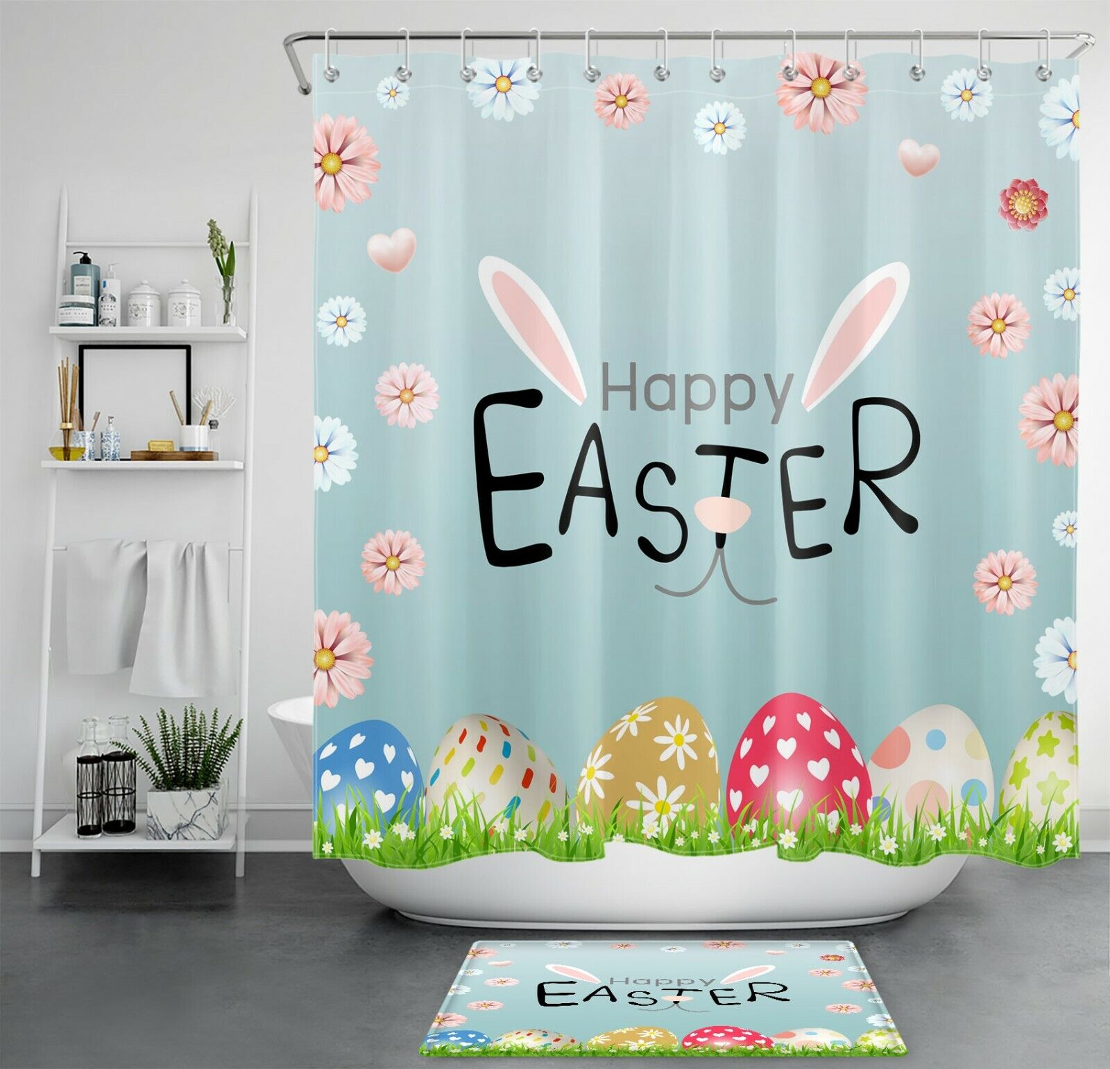 Easter Flowers Eggs Cute Bunny Ears Shower Curtain For A Fun And Festive Bathroom Decor
