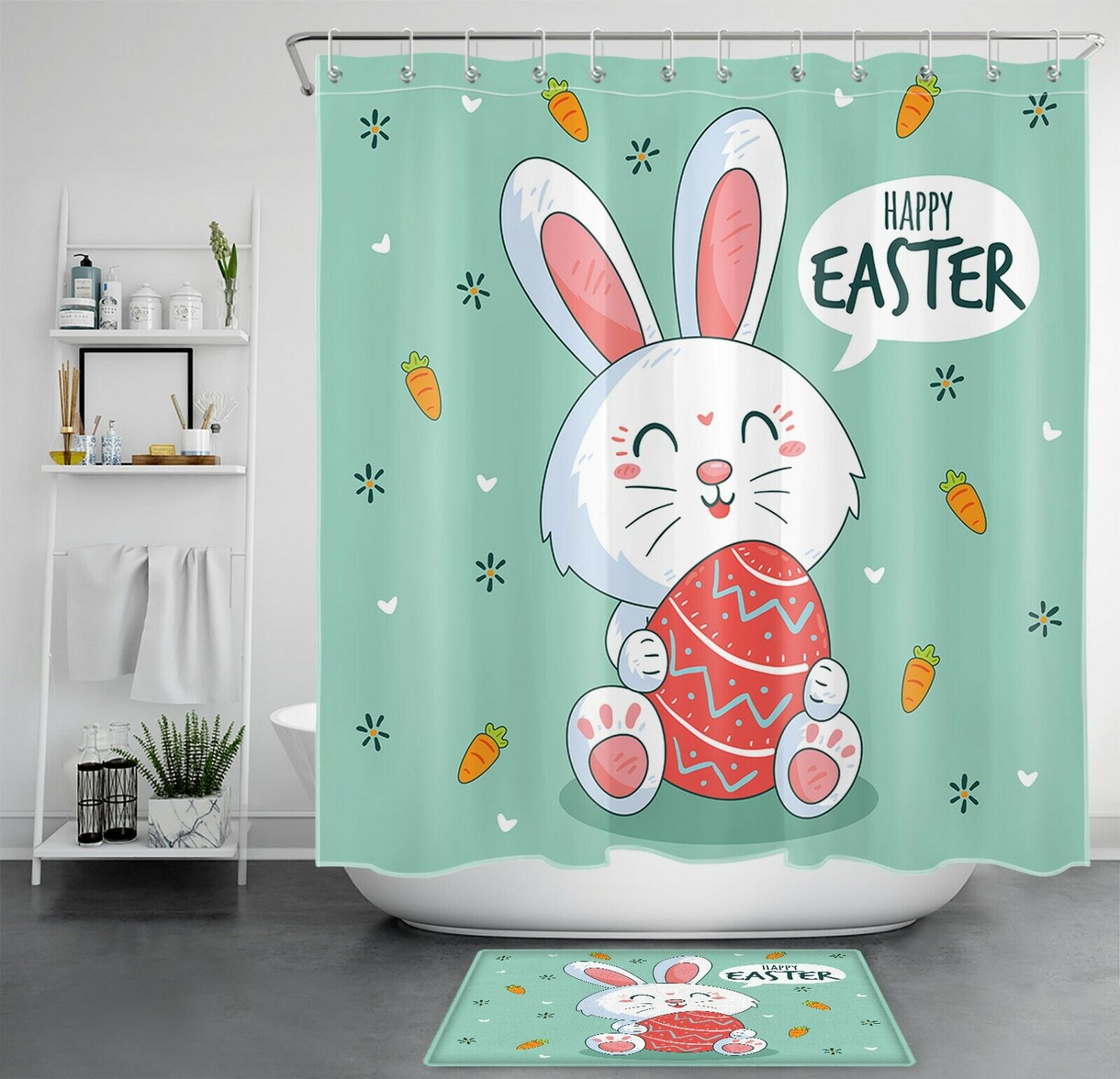 Happy Easter Cute Bunny Egg Carrot Shower Curtain For A Fun And Festive Bathroom Decor