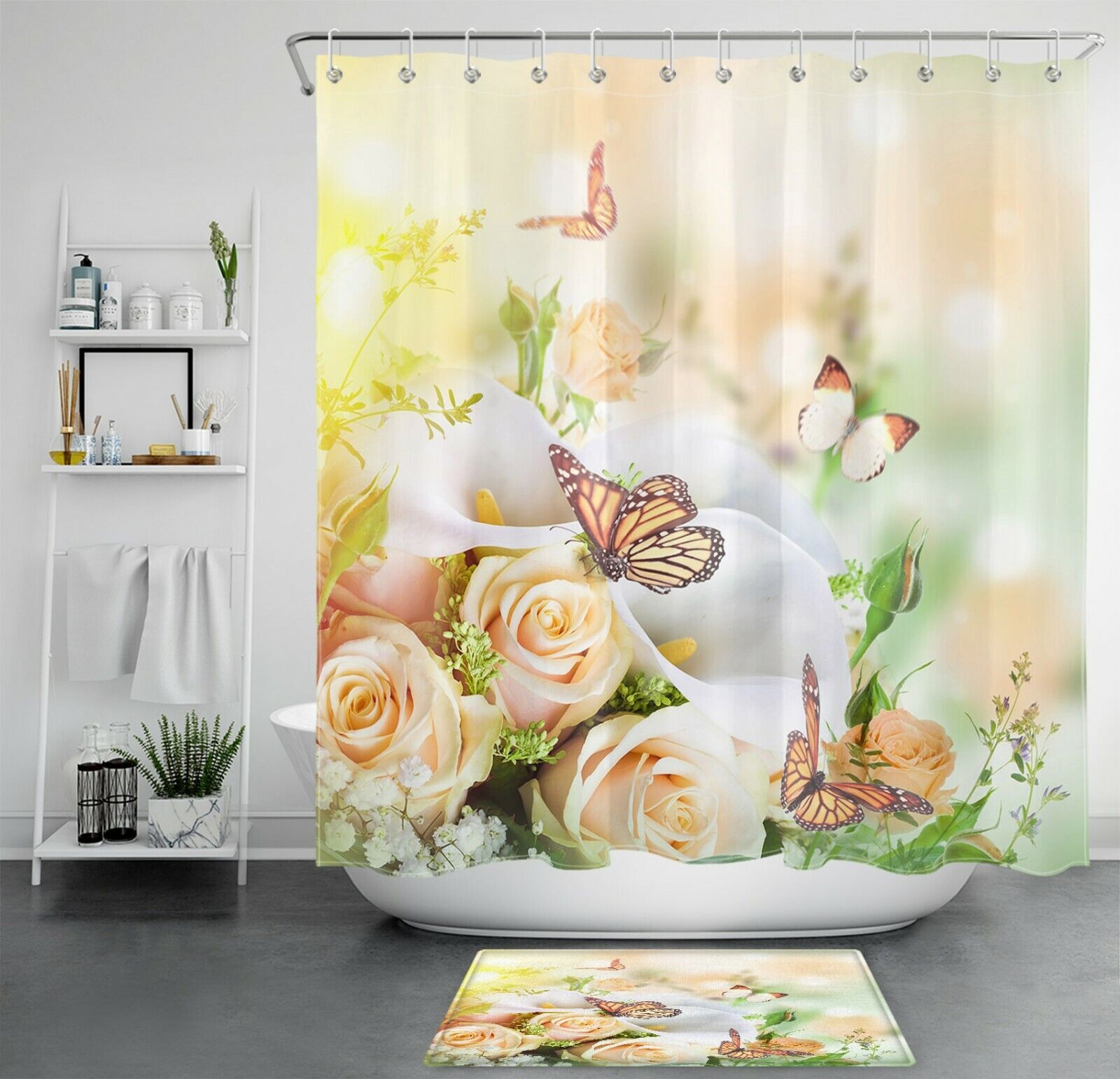 Flowers Butterfly Shower Curtain With Spring Sunshine For A Nature-Inspired Bathroom Decor
